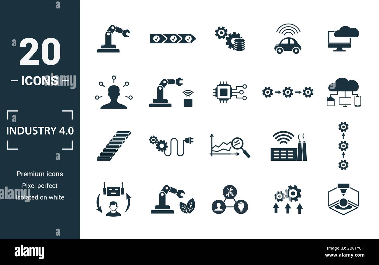 L'industria 4.0 icon set. Includere elementi creativi di automazione della gestione dei dati di business intelligence integrazione orizzontale, modello osi icone. Può essere Foto Stock