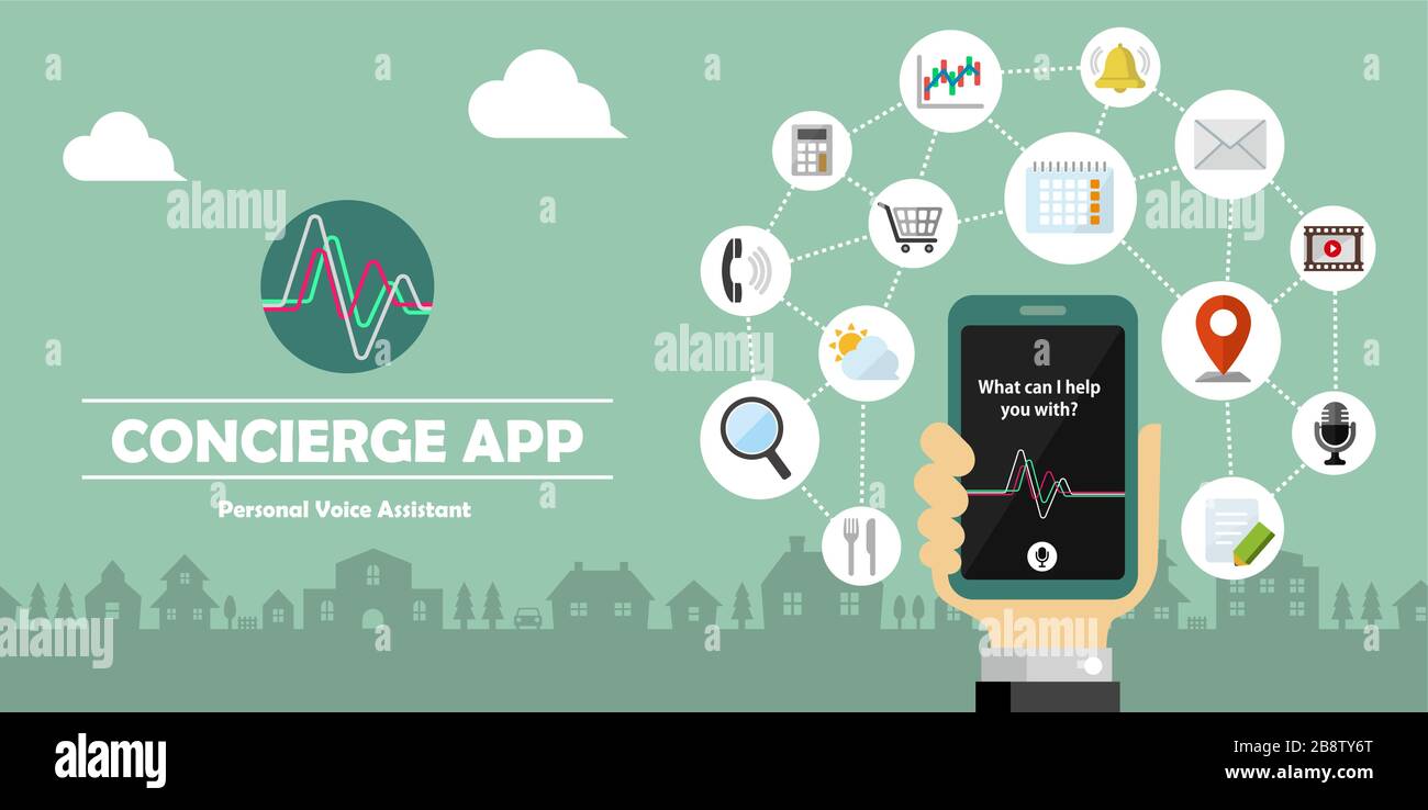 Illustrazione del banner vettoriale dell'app Concierge ( assistente vocale personale ) Illustrazione Vettoriale