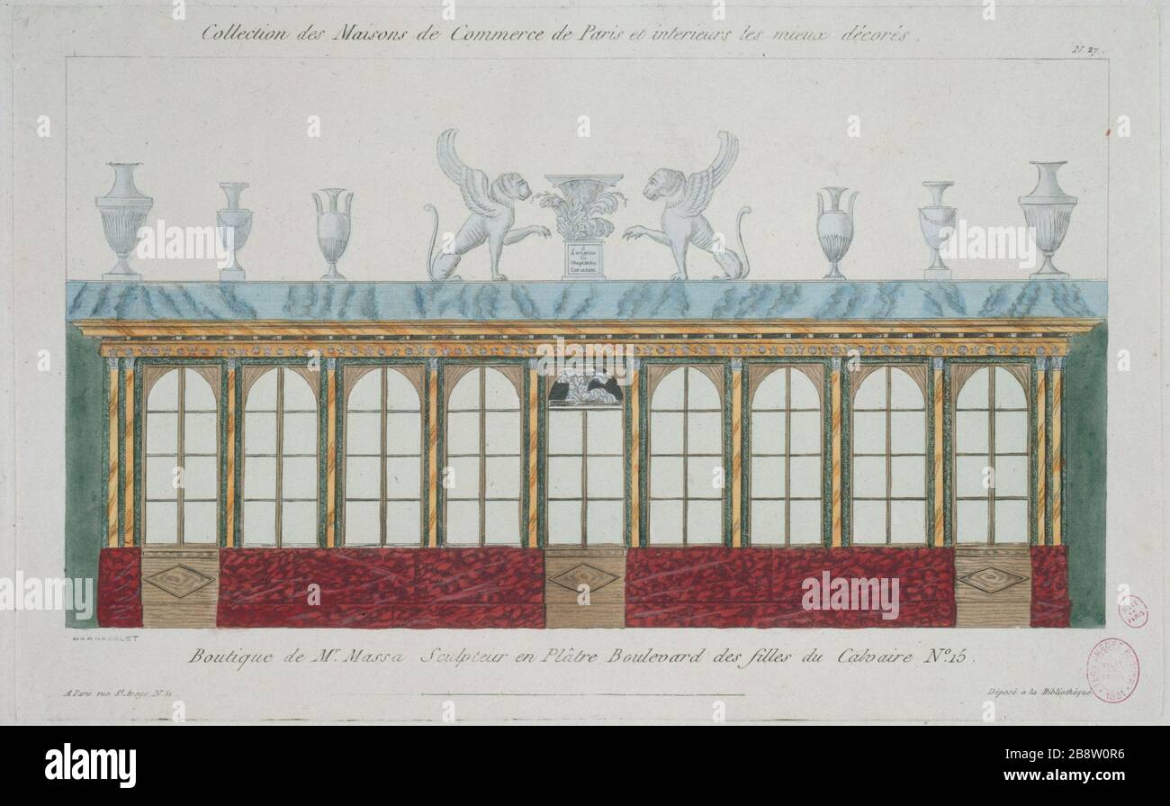 COLLEZIONE DI CASE DI COMMERCIO PARIGI PIÙ DECORATE - NEGOZIO MR MASSA, SCULTORE INTONACO BOULEVARD RAGAZZE DEL CALVARIO, NUMERO 15 PIERRE-ANTOINE DE LA MÉSANGÈRE (1761-1831). "Collection des maisons de commerce de Paris les mieux décorées - Boutique de Monsieur massa, sculteur en plâtre, boulevard des Filles du Calvaire, numéro 15". Estampe. Parigi, musée Carnavalet. Foto Stock