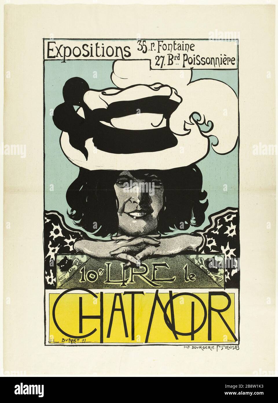Mostre, 35, r. Fontaine, 27, Brd. Poissoniere, 10c LEGGERE IL NERO CAT Jean Léonce Burret. Affari pour l'expositions 'Chat noir'. Parigi. Lithographie couleur. 1897. Parigi, musée Carnavalet. Foto Stock