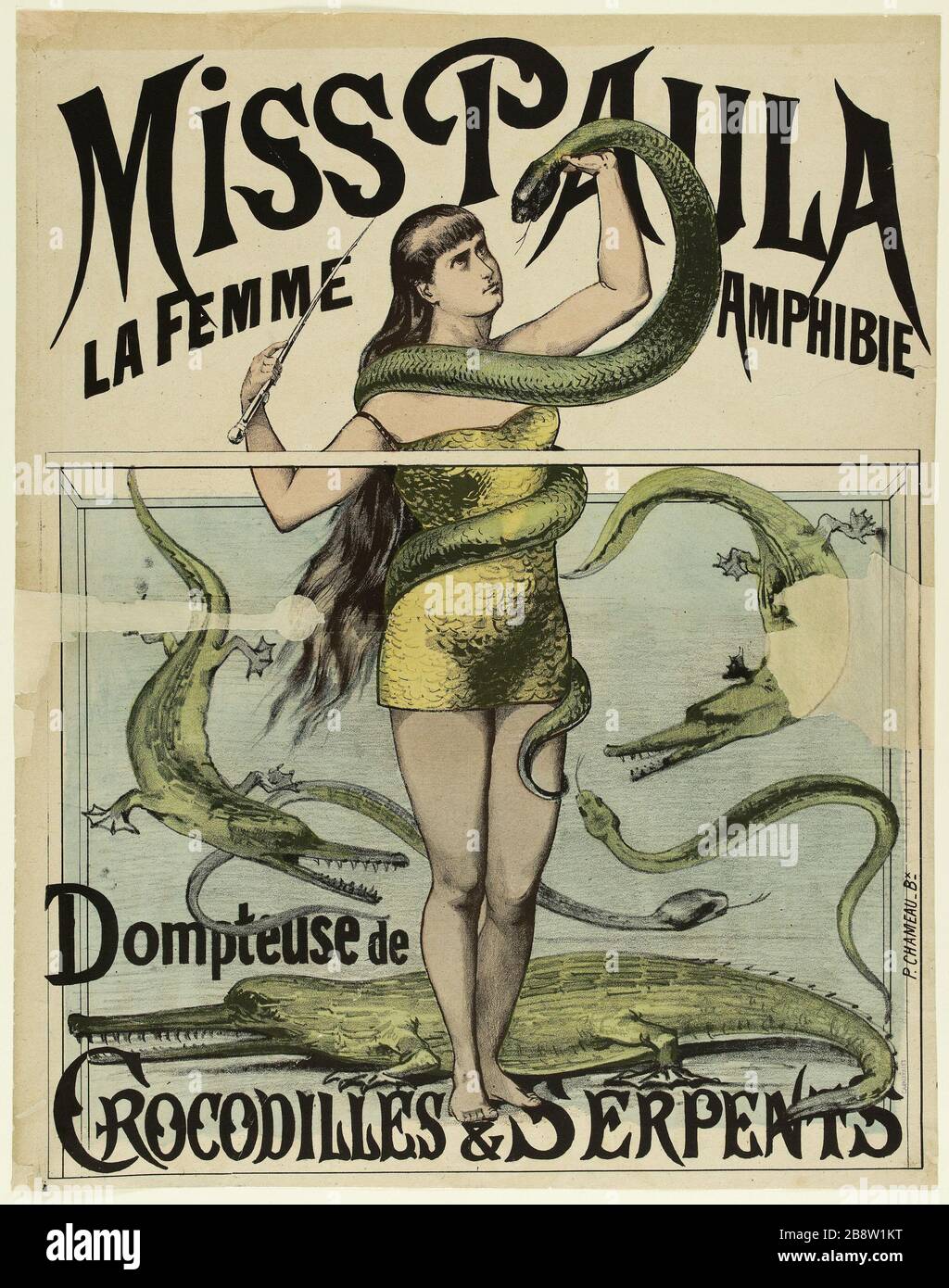 MISS PAULA DONNE AMPHIBIE, Tamer di CROCODILLES [sic] & SERPENTI P. Affiche pour le spectacle de la signorina Paula, femme anfibie, Dompteuse de coccodrilles et de serpents. Lithographie couleur. 1880-1900. Parigi, musée Carnavalet. Foto Stock
