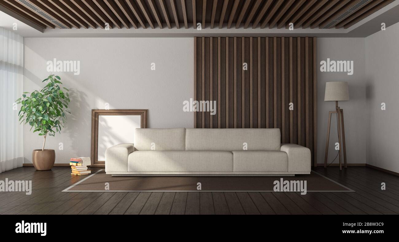 Camera minimalista con divano bianco con pannelli in legno sullo sfondo, pavimento in legno duro e soffitto con griglie di ventilazione - rendering 3d Foto Stock