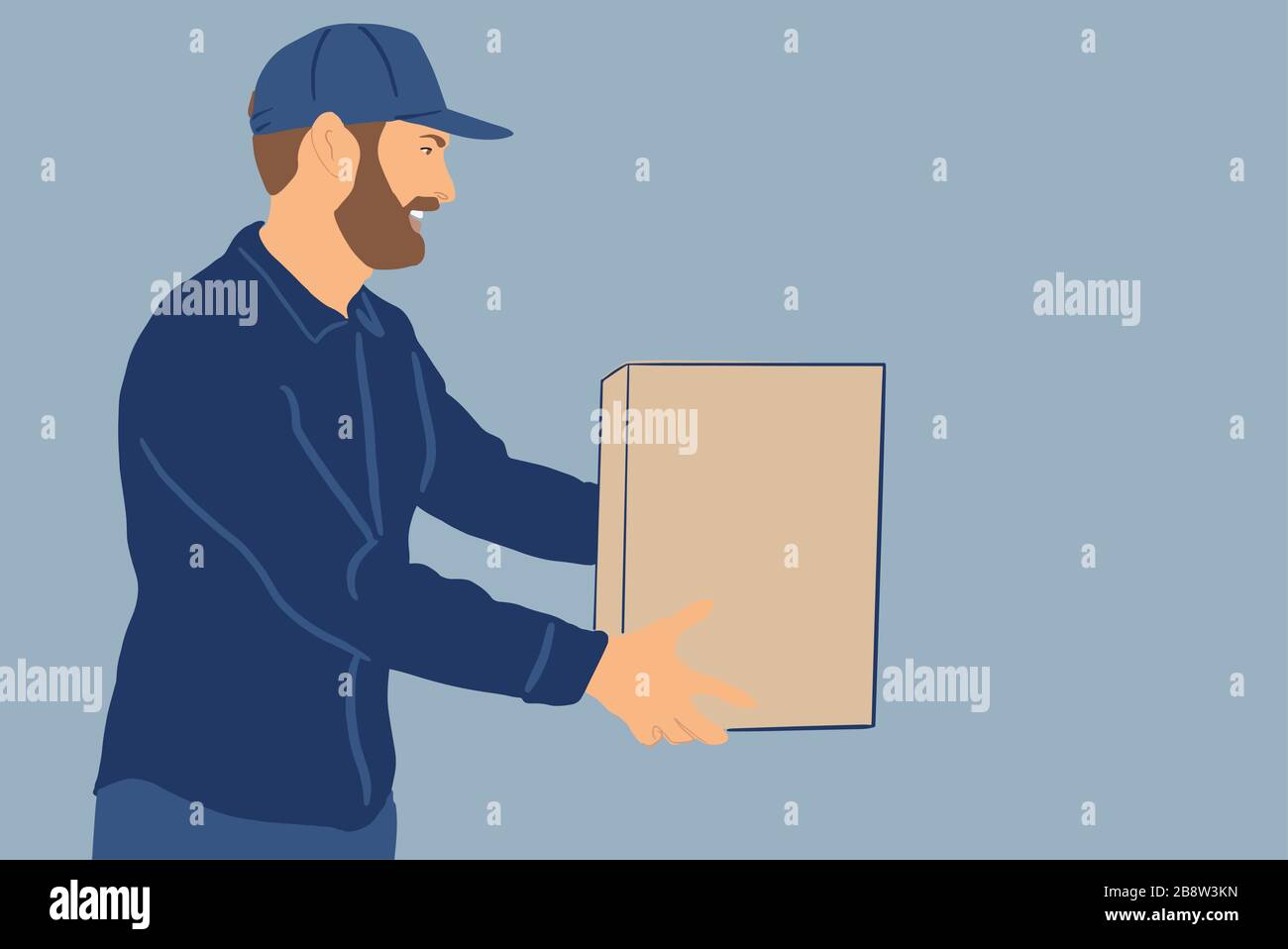 Uomo di consegna in berretto con un pacco su sfondo blu. Concetto di consegna e shopping online. Illustrazione vettoriale colorata in stile cartoon piatto Illustrazione Vettoriale