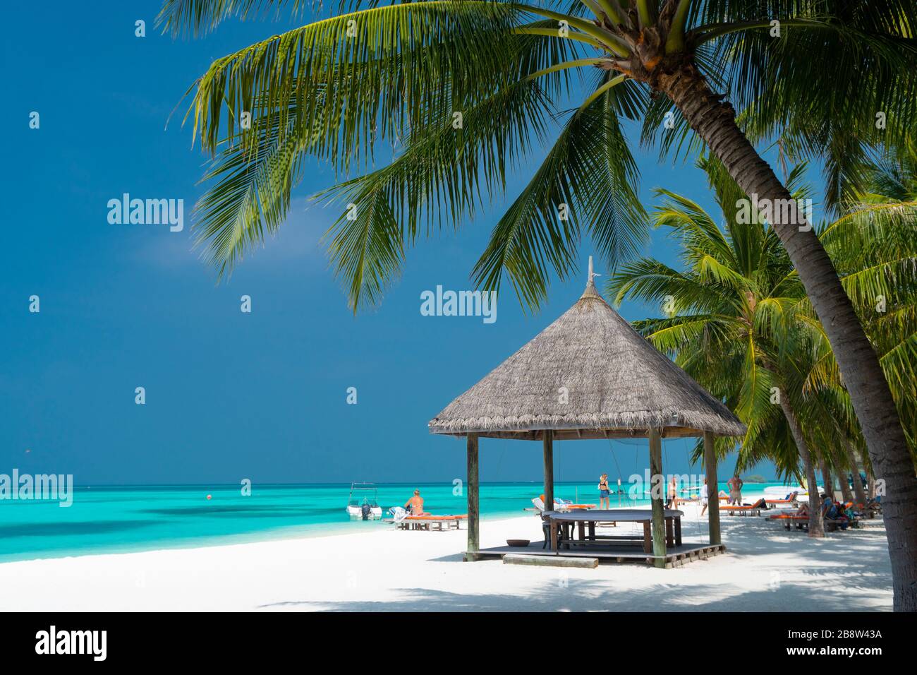 Spiaggia di sabbia di isola tropicale nelle Maldive Foto Stock