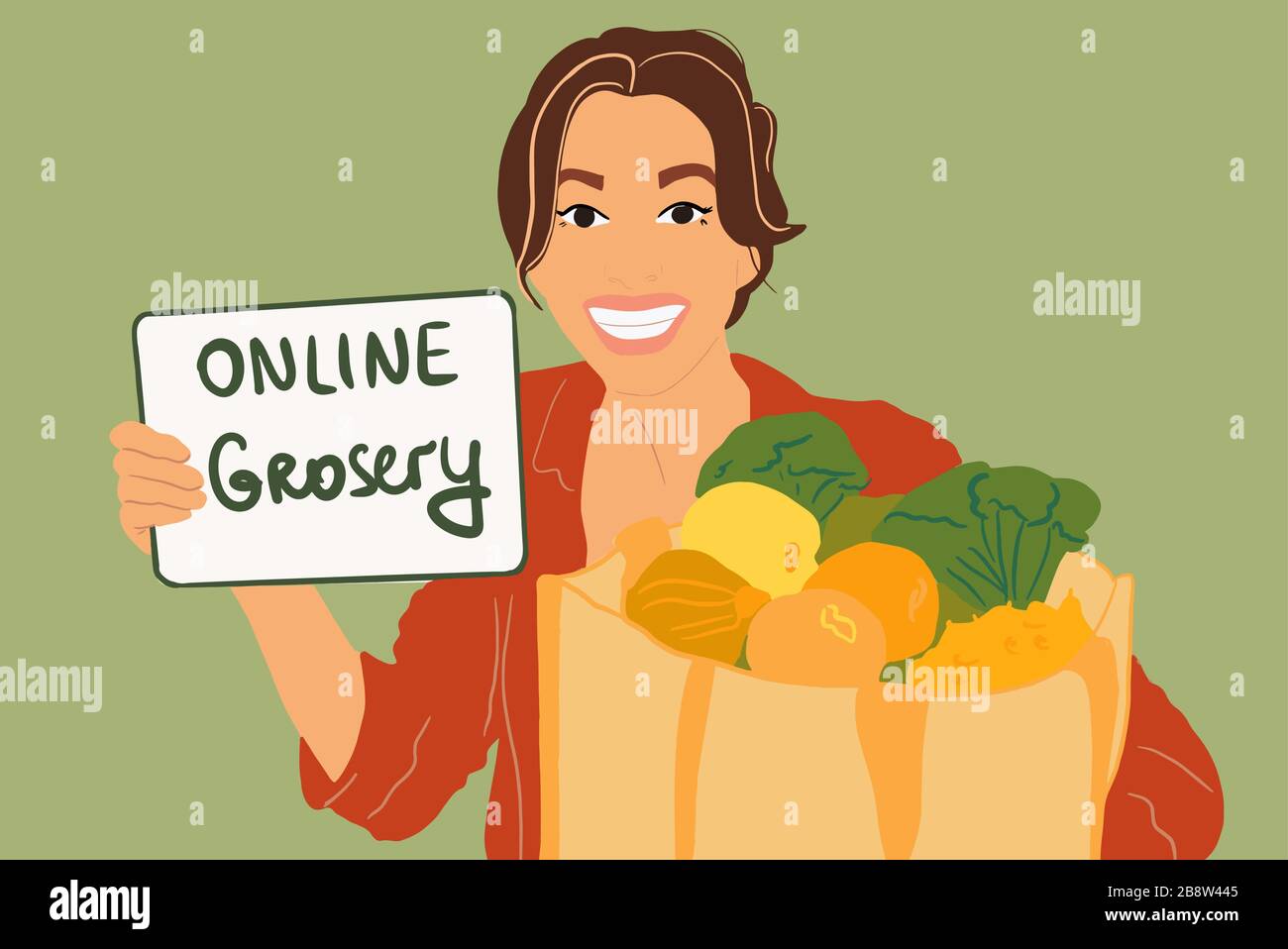 Ritratto di una donna felice che acquista generi alimentari freschi online. Concetto di e-commerce. Illustrazione vettoriale colorata in stile cartoon piatto Illustrazione Vettoriale