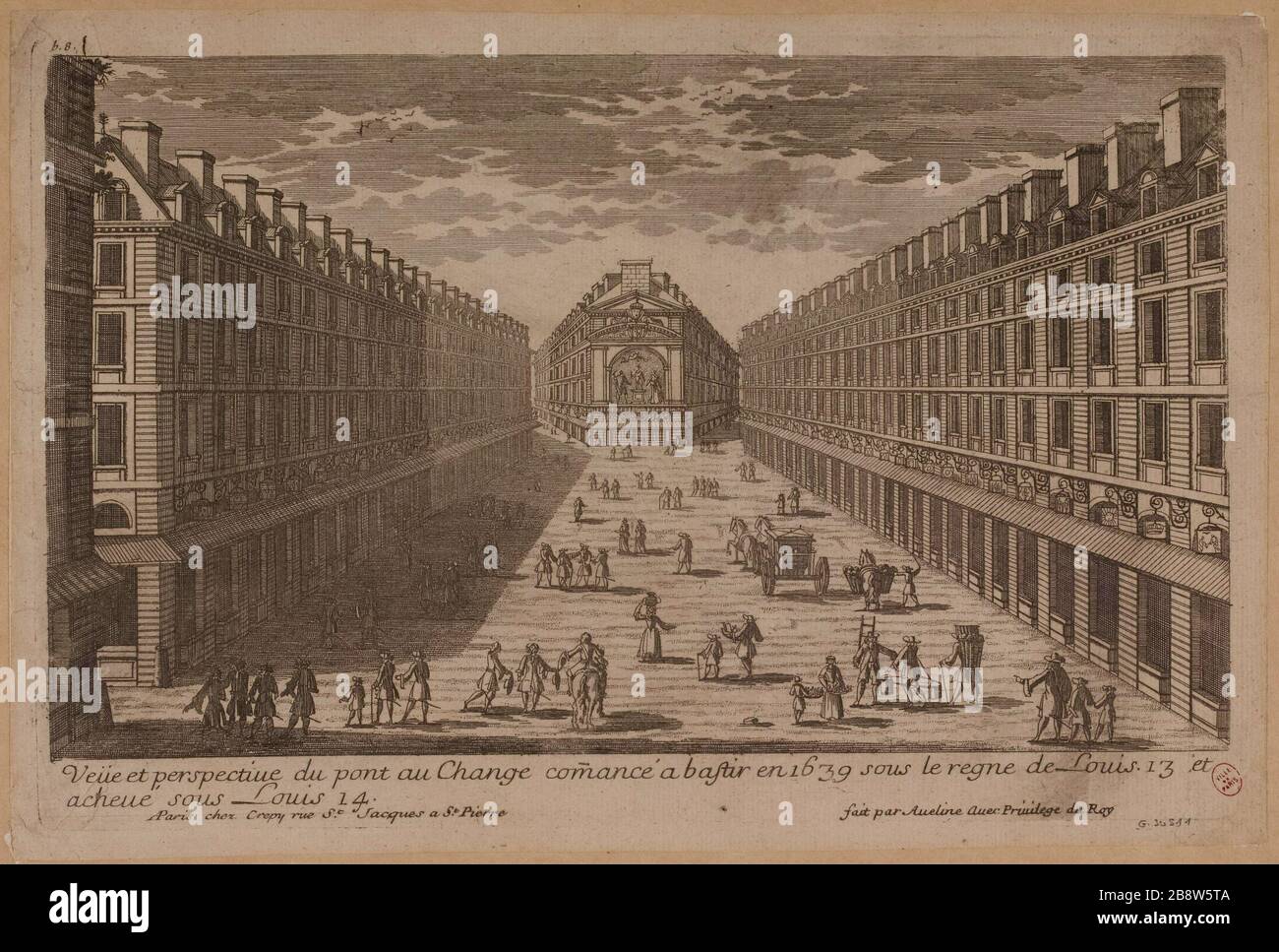 Vista e prospettiva del Pont au Change comancé ha bastir nel 1639 sotto il regno di Luigi. 13 e/completato sotto Luigi 14. Foto Stock