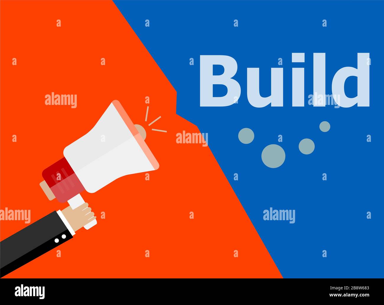 concetto aziendale di design piatto. Costruire. Marketing digitale uomo d'affari tenendo megaphone per il sito web e banner promozionali. Foto Stock