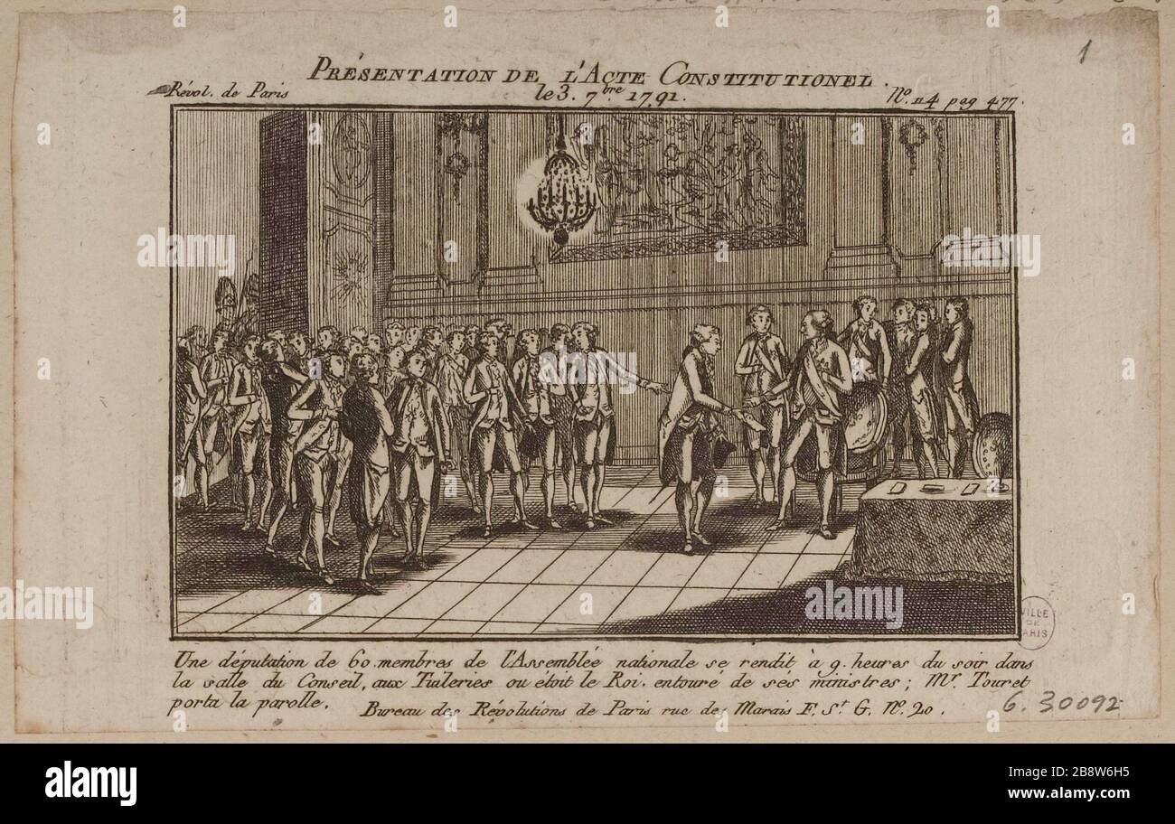 Introduzione della legge costituzionale / 3 [Settembre] 1791 / Révol. Di Parigi / n4 pag. No. 477 / una deputazione di 60 membri dell'Assemblea Nazionale [...] Foto Stock