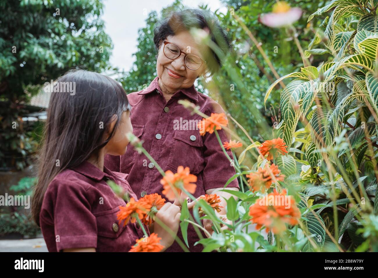 nipote e nonna che giocano e guardano fiori nel parco Foto Stock