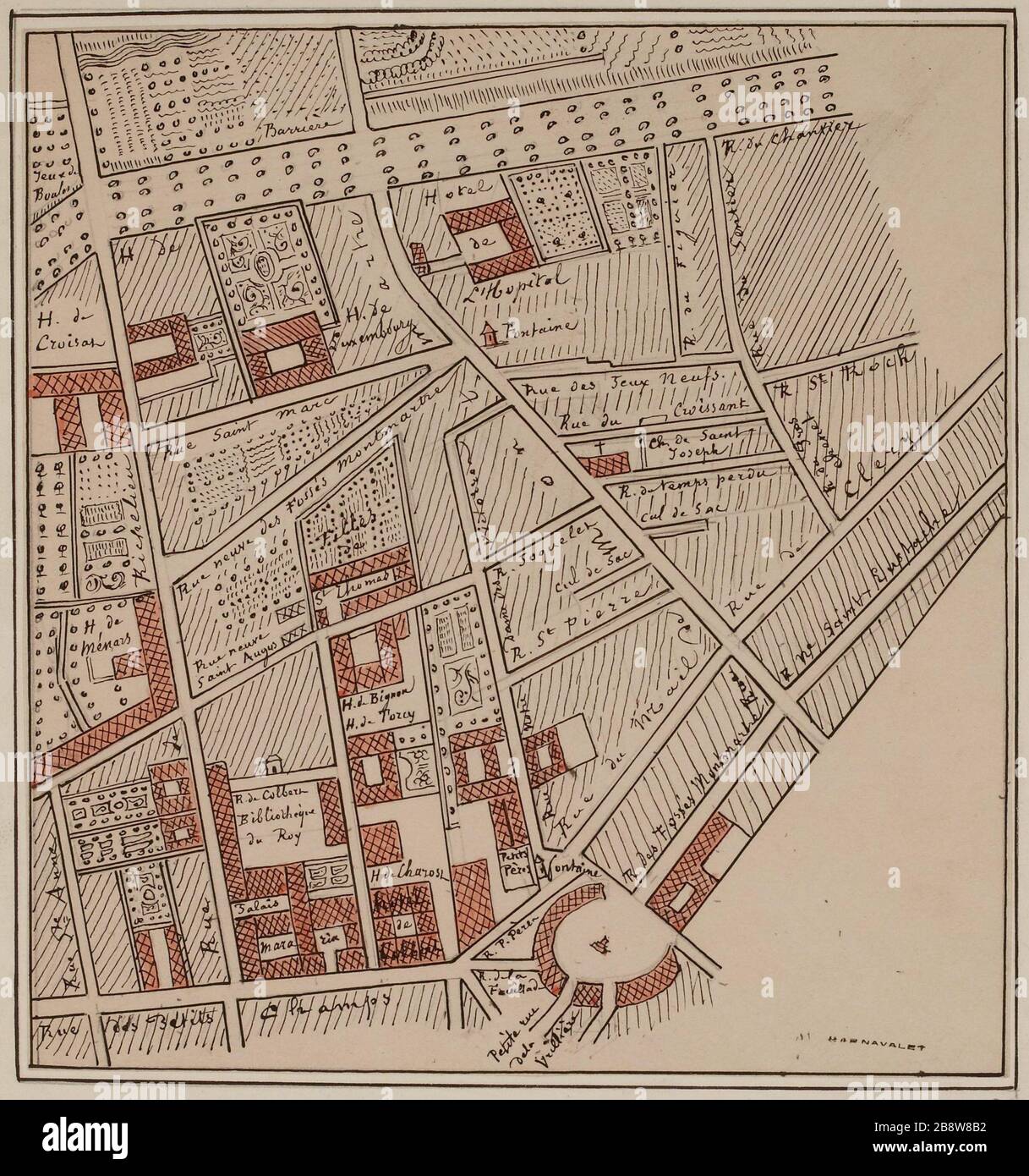 Mappa della zona intorno a Rue Montmartre. Foto Stock