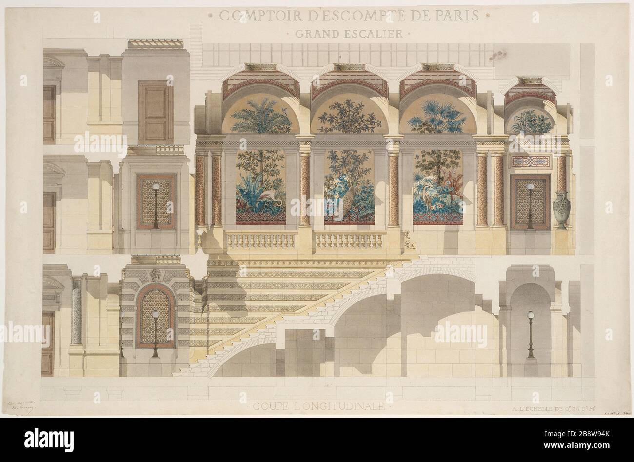 SCONTO AL BANCO DI PARIGI - GRAND STAIRS - SEZIONE LONGITUDINALE CORROYER. "Comptoir d'Escompte de Paris : Grand calier - coupé longitudinale". Parigi, musée Carnavalet. Foto Stock