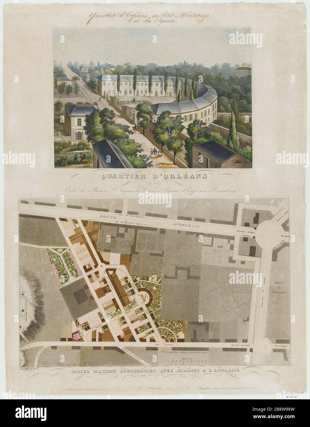 DISTRETTO ORLEANS - MONTROUGE PICCOLA VISTA LA PIAZZA - GRAZIOSE CASE BORGHESI CON GIARDINO IN INGLESE JAVAL. 'Quartier d'Orléans - Au petit Montrouge, vue du Square - Jolies maisons borghese avec jardin à l'anglaise'. Lithographie (2 immagini superposées). Parigi, musée Carnavalet. Foto Stock