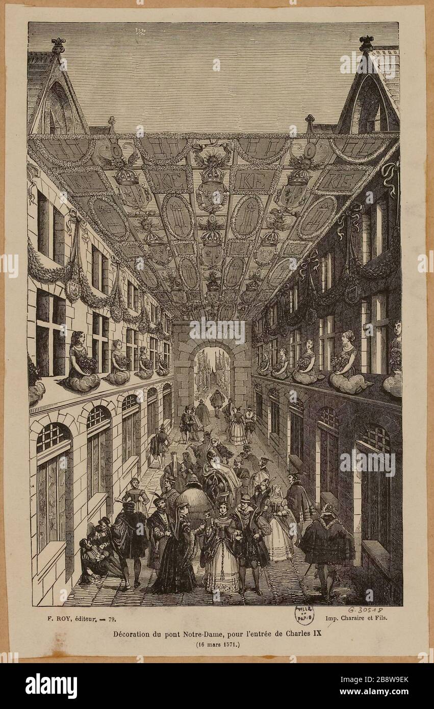 Ponte di decorazione Notre Dame, per l'ingresso di Carlo IX (16 marzo 1571). Foto Stock