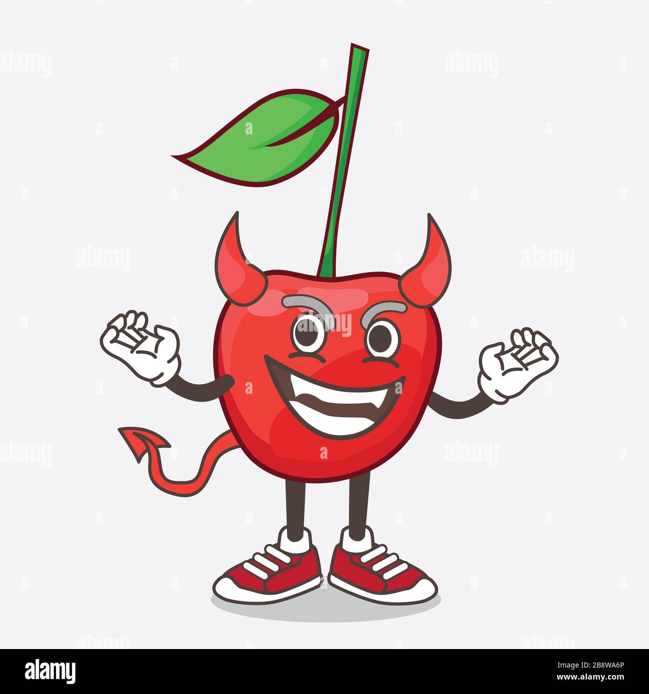Un'illustrazione del personaggio della mascotte dei cartoni animati di Bing  Cherry come diavolo rosso con corna e coda Foto stock - Alamy