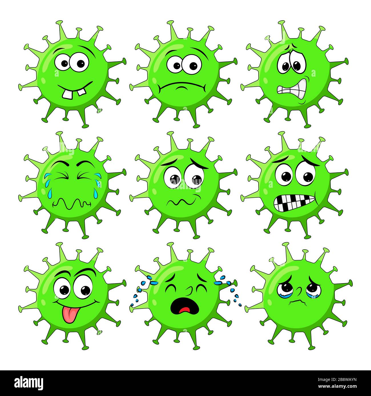 Personaggio del virus corona verde con faccia di espressione triste. Illustrazione vettoriale di coronavirus con espressione facciale grande set isolato su sfondo bianco Illustrazione Vettoriale
