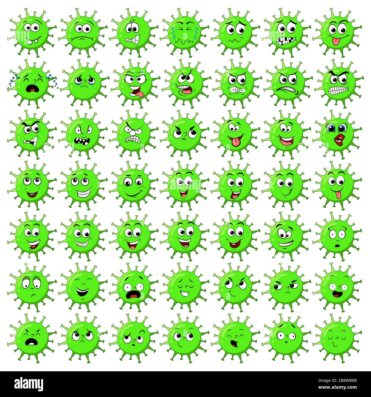 Personaggio del virus Corona con espressione facciale. Virione del personaggio di Coronavirus Funny 2019-nCoV. Il virus che ha causato l'epidemia di polmonite in Cina. CO Illustrazione Vettoriale
