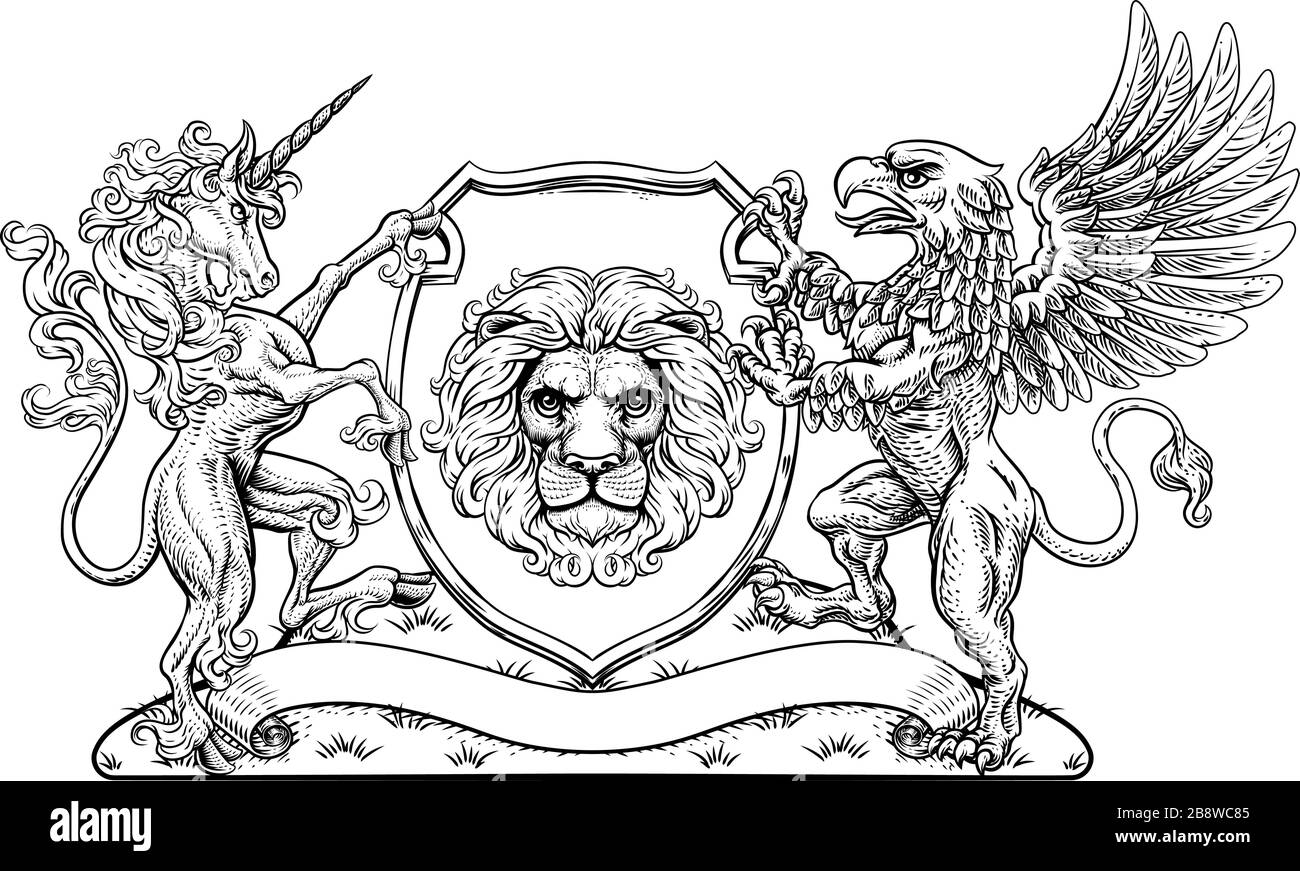 Stemma Crest Griffin Unicorn Lion Shield Illustrazione Vettoriale