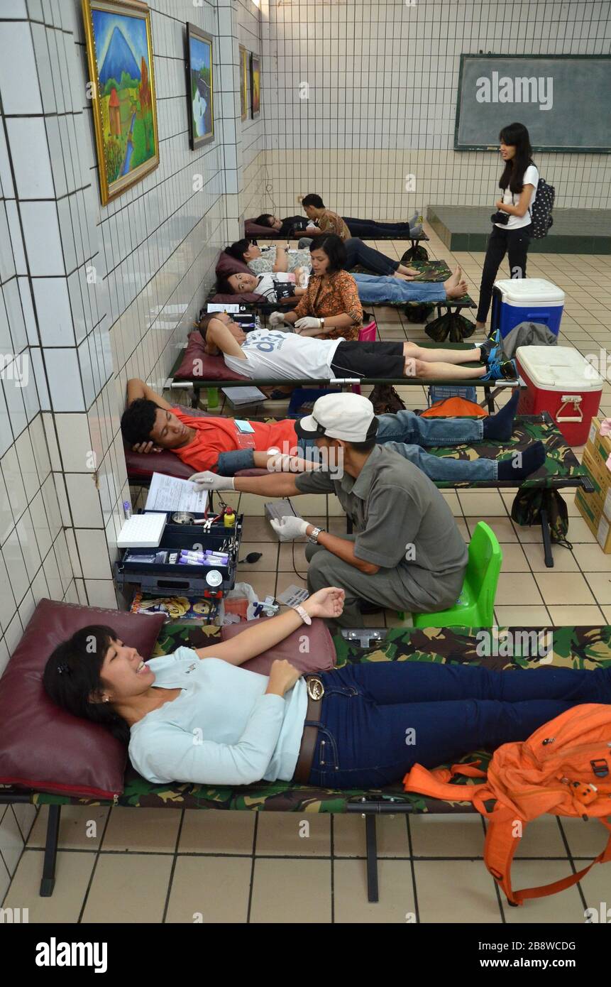 Un gruppo di donatori di sangue si depongono sui letti in una sala clinica. Foto Stock
