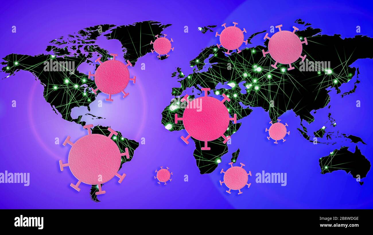 Illustrazione delle cellule di coronavirus sulla mappa astratta con nodo luminoso sfocato Foto Stock