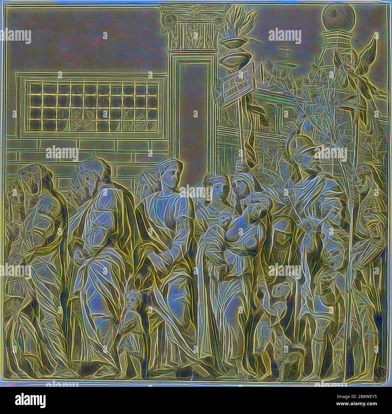 Trionfi di Giulio Cesare: Tela n° VII, 18th secolo, dopo Andrea Mantegna, Italiano, 1431-1506, Italia, penna e inchiostro marrone, con pennello e lavaggio grigio, esaltato con bianco piombo (ossidato), su carta spalmabile alla crema preparata con lavaggio giallo, 370 x 372 mm, Reimagined di Gibon, design di calore allegro di luminosità e raggi di luce radianza. Arte classica reinventata con un tocco moderno. La fotografia ispirata al futurismo, che abbraccia l'energia dinamica della tecnologia moderna, del movimento, della velocità e rivoluziona la cultura. Foto Stock