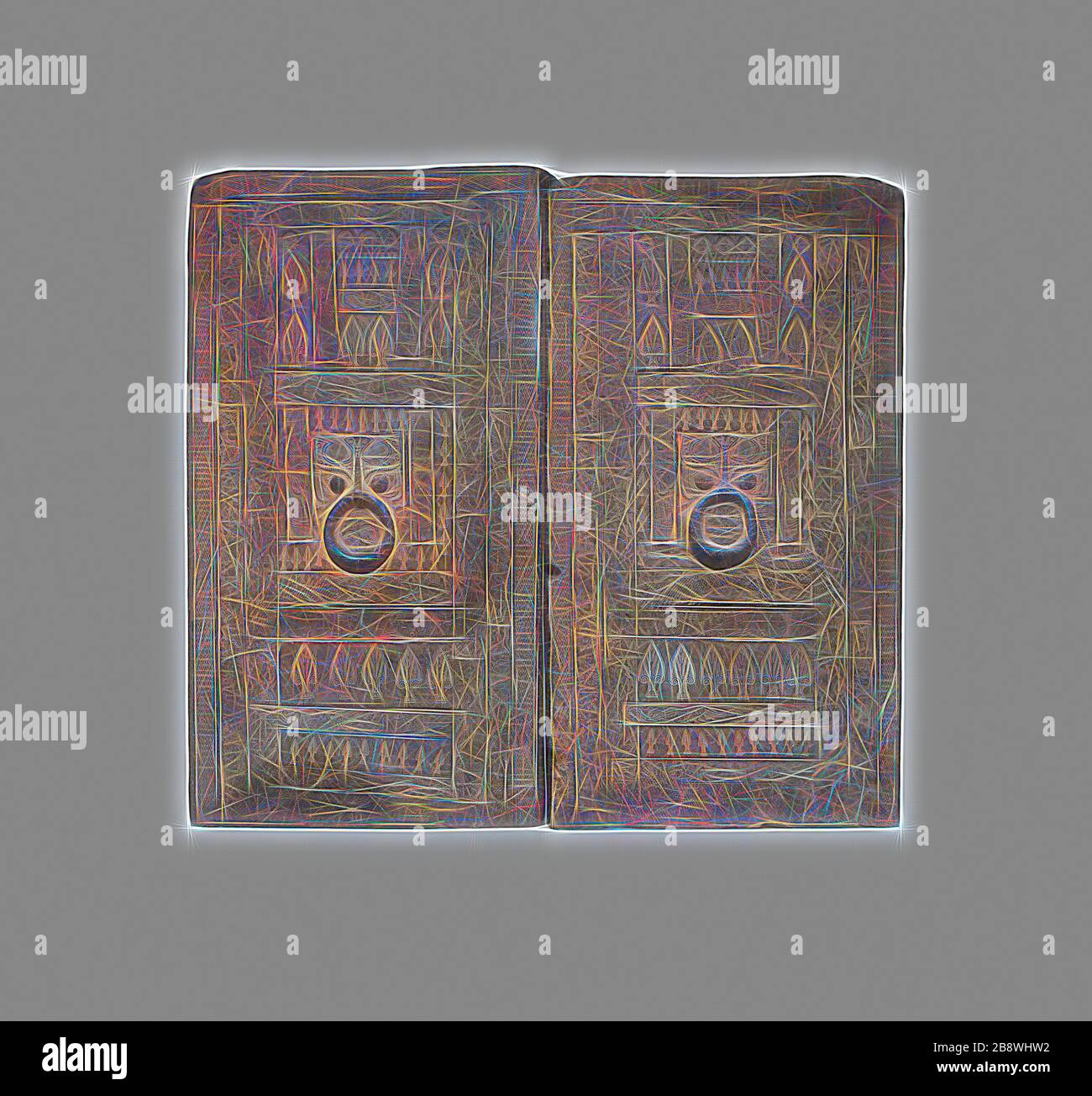 Coppia di Tomba Porte da camera, dinastia Han Occidentale (206 a.C.-d.C.) 9), 1st secolo a.C., Cina, probabilmente da Zhengzhou, provincia di Henan, Cina, terracotta grigia con decorazione impressa e scolpita, A (porta sinistra): 92,6 × 52,0 × 7,2 cm (36 7/16 × 20 1/2 × 2 13/16 in.), b (porta destra): 91,4 × 49,9 × 7,2 cm (36 × 19 5/8 × 2 13/16 in.), Reimagined by Gibon, disegno di calore allegro di luminosità e raggi di luce radianza. Arte classica reinventata con un tocco moderno. La fotografia ispirata al futurismo, che abbraccia l'energia dinamica della tecnologia moderna, del movimento, della velocità e rivoluziona la cultura. Foto Stock