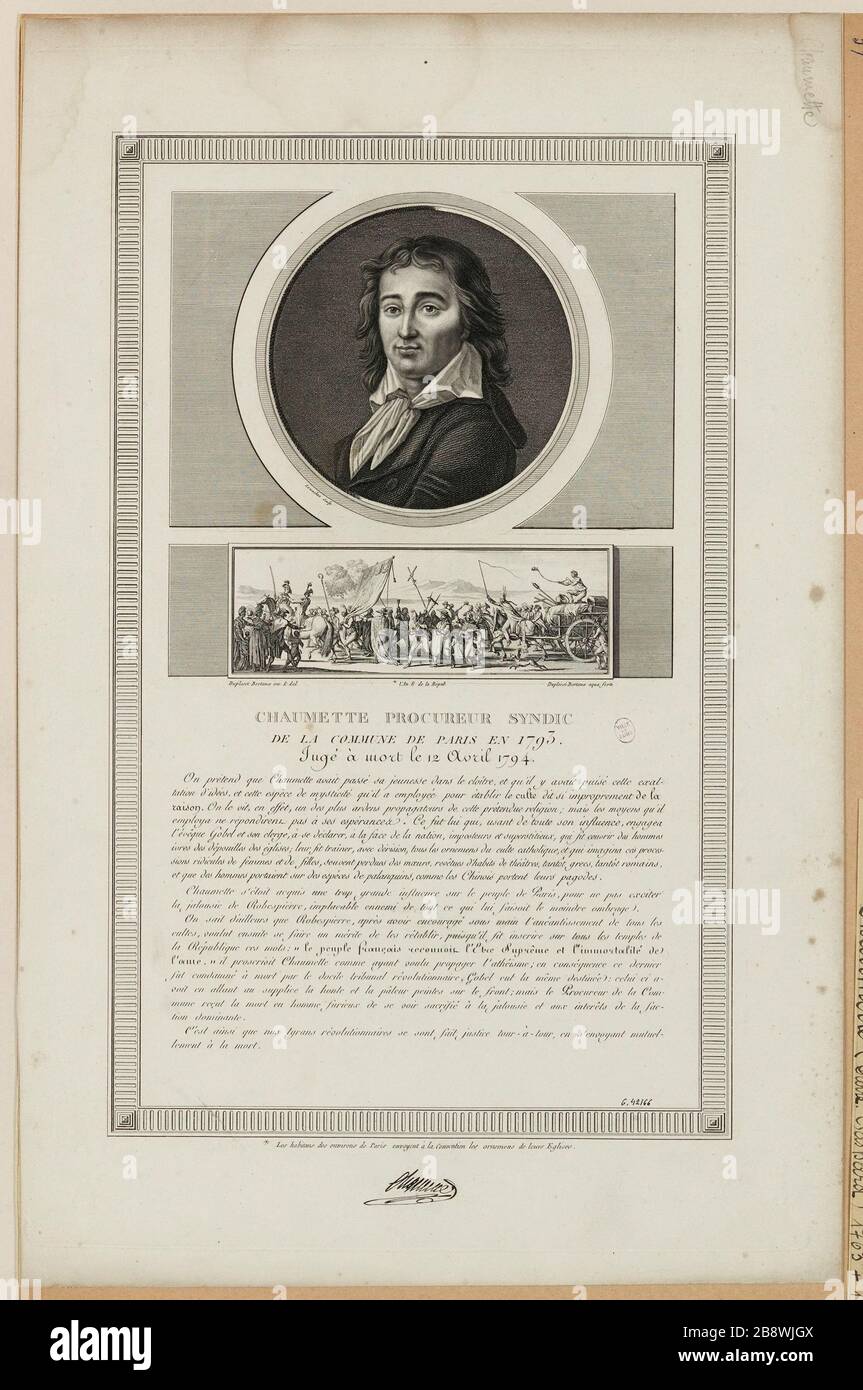 Avvocato fiduciario Chaumette / il comune di Parigi nel 1793. / provato a morte 12 aprile 1794 [ritratto del medaglione, accompagnato da un thumbnail e un commento testuale, ed. 1804] Foto Stock