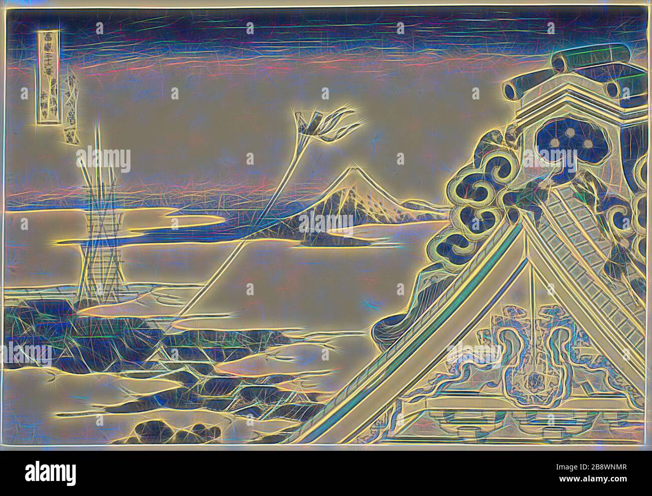 Tempio Honganji ad Asakusa a Edo (Toto Asakusa Honganji), dalla serie trentasei viste del Monte Fuji (Fugaku sanjurokkei), c. 1830/33, Katsushika Hokusai ?? ??, giapponese, 1760-1849, Giappone, stampa a blocchi di legno a colori, oban, 10 1/8 x 14 5/8 in., Reimagined by Gibon, design di calore allegro luce di luminosità e raggi di luce radianza. Arte classica reinventata con un tocco moderno. La fotografia ispirata al futurismo, che abbraccia l'energia dinamica della tecnologia moderna, del movimento, della velocità e rivoluziona la cultura. Foto Stock
