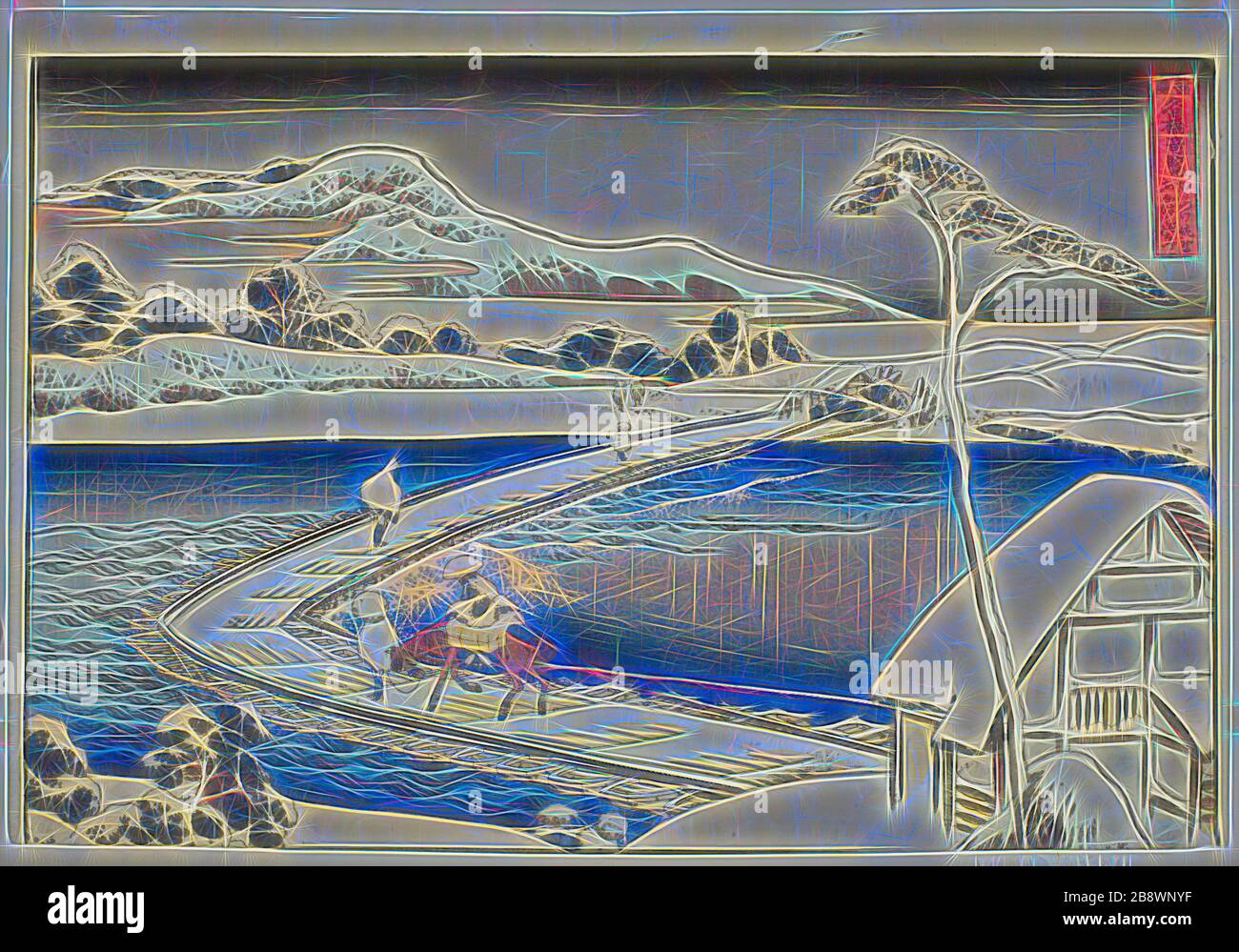 Antica veduta del Pontoon Bridge a Sano nella provincia di Kozuke (Kozuke sano funabashi no kozu), dalla serie inusuali vedute dei famosi ponti in varie Province (Shokoku meikyo kiran), c. 1833/34, Katsushika Hokusai ?? ??, Giapponese, 1760-1849, Giappone, stampa a blocchi di legno a colori, oban, Reimagined by Gibon, disegno di un caldo e allegro bagliore di luminosità e di radianza di raggi di luce. Arte classica reinventata con un tocco moderno. La fotografia ispirata al futurismo, che abbraccia l'energia dinamica della tecnologia moderna, del movimento, della velocità e rivoluziona la cultura. Foto Stock