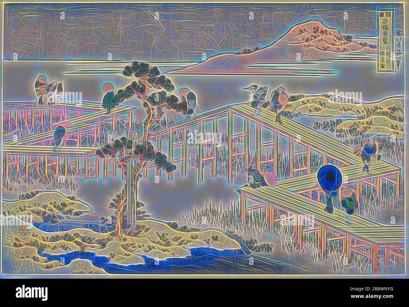 Veduta antica del ponte a otto piani nella provincia di Mikawa (Mikawa no Yatsuhashi no kozu), dalla serie viste inusuali di ponti famosi in varie Province (Shokoku meikyo kiran), c. 1833/34, Katsushika Hokusai ?? ??, Giapponese, 1760-1849, Giappone, stampa a blocchi di legno a colori, oban, Reimagined by Gibon, disegno di un caldo e allegro bagliore di luminosità e di radianza di raggi di luce. Arte classica reinventata con un tocco moderno. La fotografia ispirata al futurismo, che abbraccia l'energia dinamica della tecnologia moderna, del movimento, della velocità e rivoluziona la cultura. Foto Stock