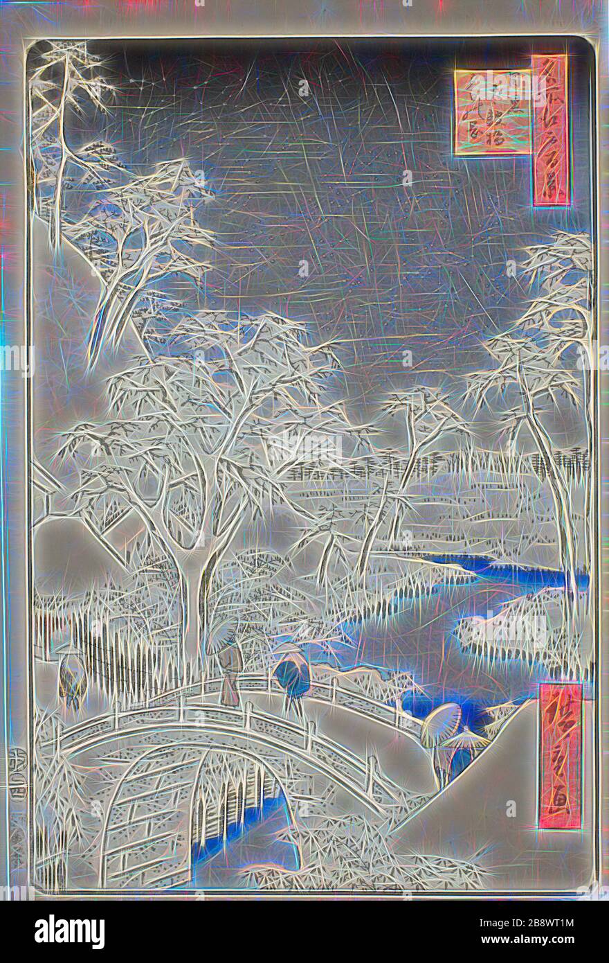 Drum Bridge e Yuhi Hill a Meguro (Meguro Taikobashi Yuhi-no-oka), dalla serie cento famose viste di Edo (Meisho Edo hyakkei), 1857, Utagawa Hiroshige ?? ??, giapponese, 1797–1858, Giappone, stampa a blocchi di legno a colori, oban, 35,8 x 24,2 cm (14 1/16 x 9 1/2 in.), Reimagined by Gibon, design di luce calda e allegra di luminosità e raggi di luce radianza. Arte classica reinventata con un tocco moderno. La fotografia ispirata al futurismo, che abbraccia l'energia dinamica della tecnologia moderna, del movimento, della velocità e rivoluziona la cultura. Foto Stock