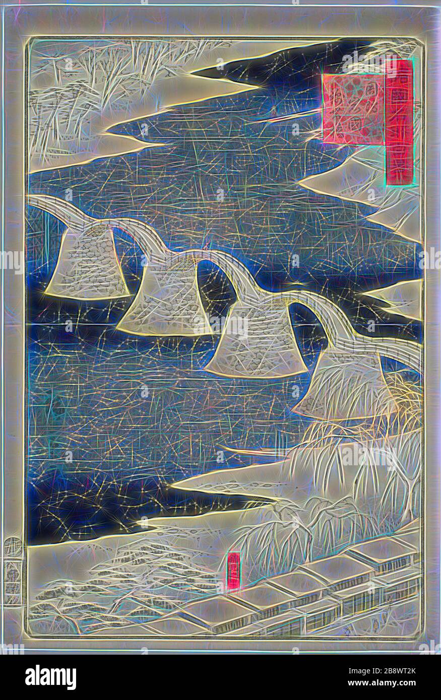 Ponte Kintai a Iwakuni nella provincia di Suo (Suo Iwakuni Kintaibashi), dalla serie cento viste famose nelle varie Province (Shokoku meisho hyakkei), 1859, Utagawa shige II (Shigenobu), giapponese, 1826-1869, Giappone, legno a colori, oban, Reimagawa Hirobon e luce calda di luce solare, Rradiance. Arte classica reinventata con un tocco moderno. La fotografia ispirata al futurismo, che abbraccia l'energia dinamica della tecnologia moderna, del movimento, della velocità e rivoluziona la cultura. Foto Stock