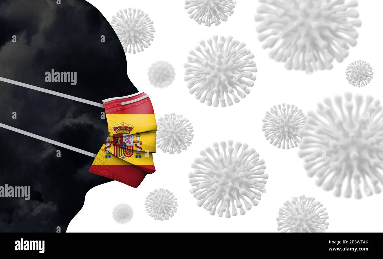 Focolaio di coronavirus in Spagna. Viso con maschera protettiva. Rendering 3D Foto Stock