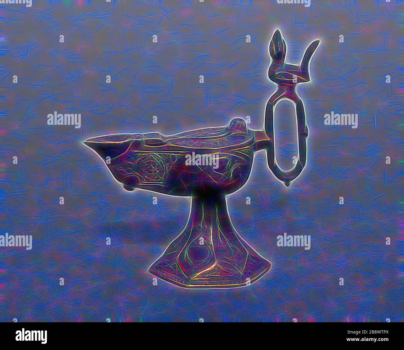 Lampada ad olio (Cheragh), dinastia Ilkhanid (1256–1353), inizio 13th secolo, Iran orientale o Afghanistan, probbly Khurasan, Iran, Ottone con decorazione incisa, 14,8 x 13,6 x 7,1 cm (5 13/16 x 5 5 /16 x 2 13/16 in.), Reimagined by Gibon, design di calore allegro di luminosità e raggi di luminosità radiance. Arte classica reinventata con un tocco moderno. La fotografia ispirata al futurismo, che abbraccia l'energia dinamica della tecnologia moderna, del movimento, della velocità e rivoluziona la cultura. Foto Stock