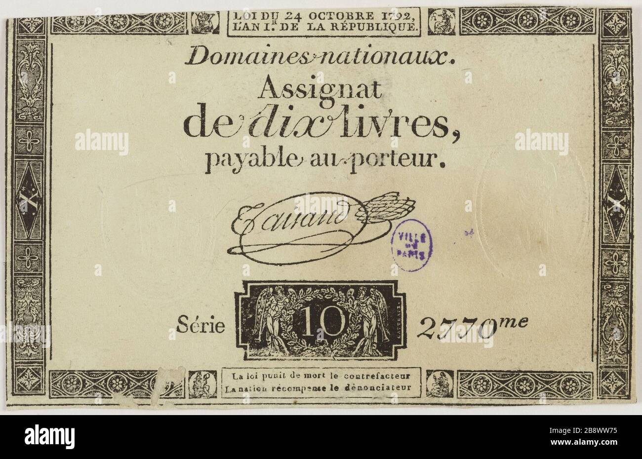 Assignat 10 libbre, serie 2770me, 24 ottobre 1792 (titolo fittizio). Nicolas-Marie Gatteaux (1751-1832) et Taisaud, signataire. Assignat de 10 livres, série 2770me, 24 ottobre 1792. Typographie, encré. Parigi, musée Carnavalet. Foto Stock