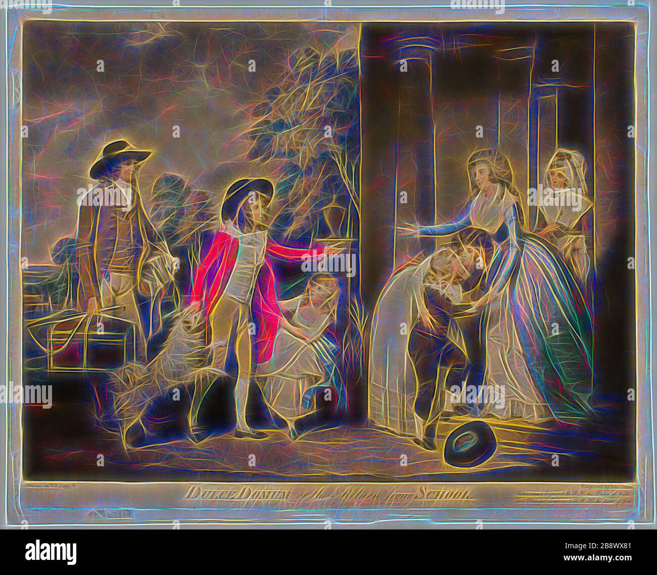 Dulce domum, o il ritorno dalla scuola, pubblicato il 1 dicembre 1790, John Jones (inglese, 1745-1797), dopo William Redmore Bigg (inglese, 1755-1828), Inghilterra, mezzotinta colorata a mano su carta avorio posata, 453 × 605 mm (immagine), 481 × 606 mm (piastra), 509 × 636 mm (foglio), Reimagined by Gibon, design di calore allegro di luminosità e raggi di luce radianza. Arte classica reinventata con un tocco moderno. La fotografia ispirata al futurismo, che abbraccia l'energia dinamica della tecnologia moderna, del movimento, della velocità e rivoluziona la cultura. Foto Stock