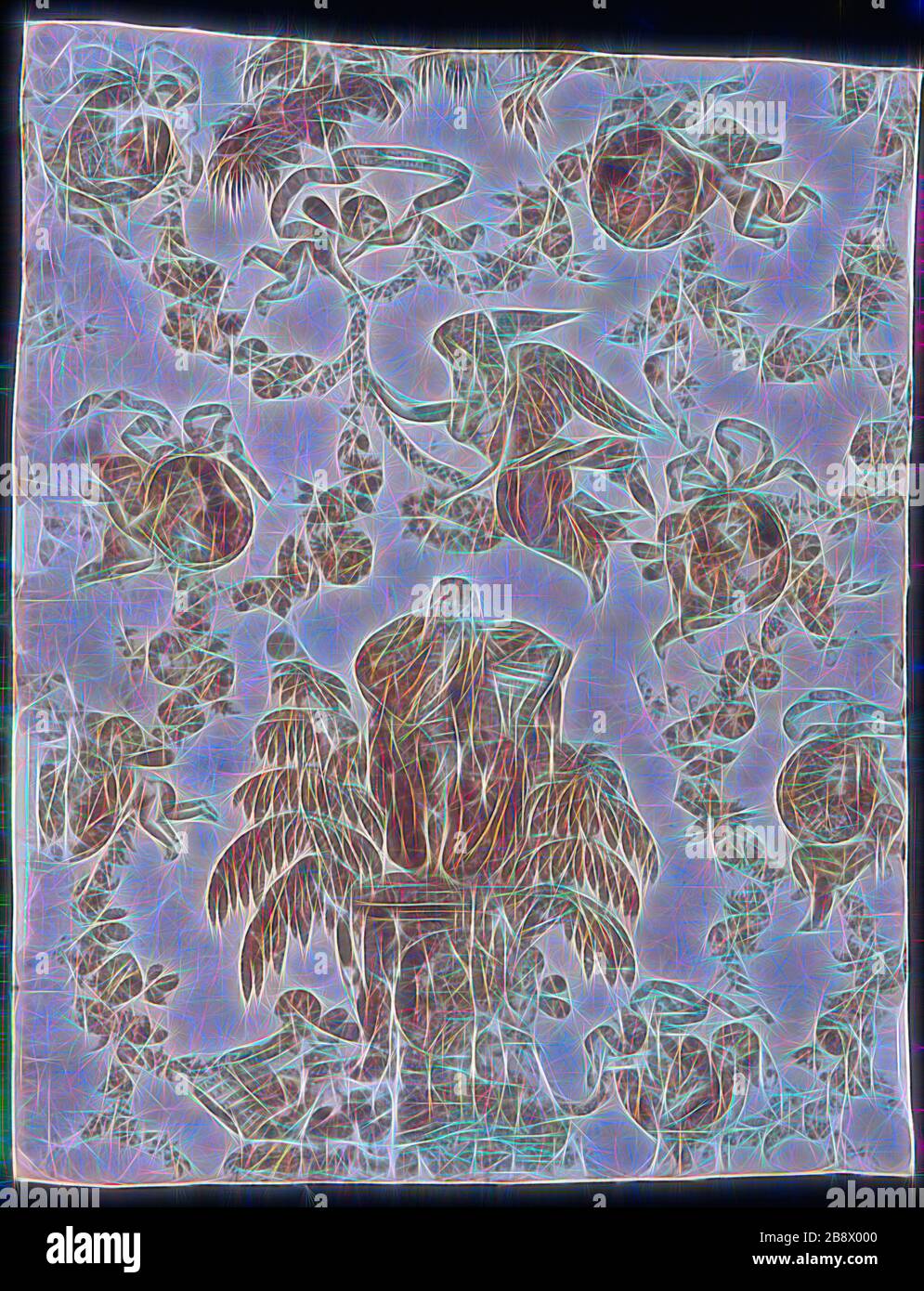 Shakespeare e Garrick (tessuti d'arredo), c. 1790, Louis Francois Roubillac (Francia, c. 1702-1762), Inghilterra, cotone, tessitura piana, stampato in rame, 86,4 × 68,6 cm (34 × 27 in.), reimmaginata da Gibon, disegno di calore allegro di luminosità e raggi di luce radianza. Arte classica reinventata con un tocco moderno. La fotografia ispirata al futurismo, che abbraccia l'energia dinamica della tecnologia moderna, del movimento, della velocità e rivoluziona la cultura. Foto Stock