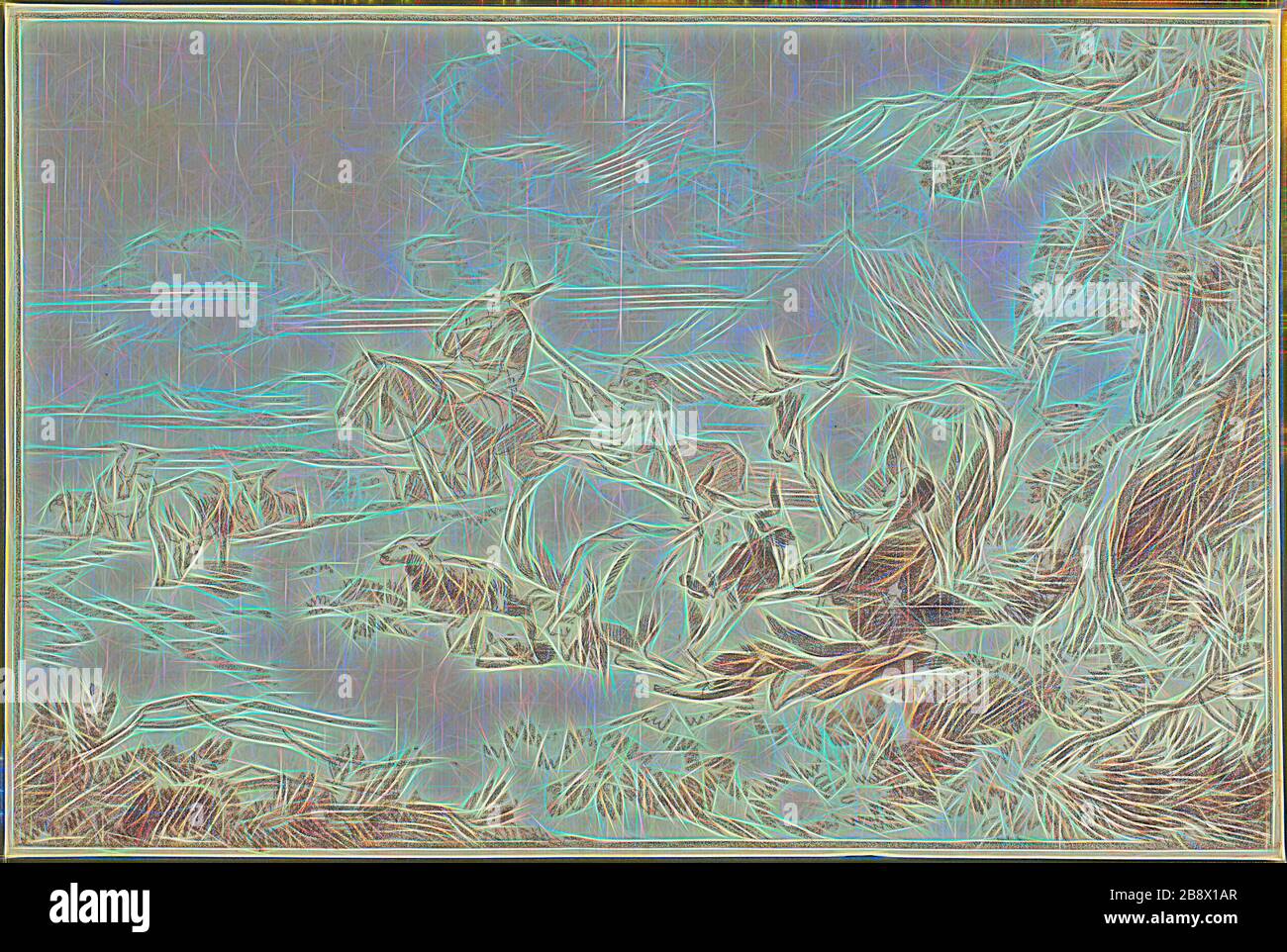 Bestiame bovino e pecora con pastori e pastorella, n.d., Abraham Jansz Begeyn (olandese c. 1637-1697), dopo Nicolaes Berchem il Vecchio (olandese, 1621/22-1683), o Dirck van den Bergen (olandese, 1640-1695), Olanda, gesso rosso, su tracce di grafite, su carta d'avorio posata, capovolta a bordo, 203 x 304 mm, Reimagined by Gibon, disegno di calore allegro di luminosità e raggi di luce radianza. Arte classica reinventata con un tocco moderno. La fotografia ispirata al futurismo, che abbraccia l'energia dinamica della tecnologia moderna, del movimento, della velocità e rivoluziona la cultura. Foto Stock