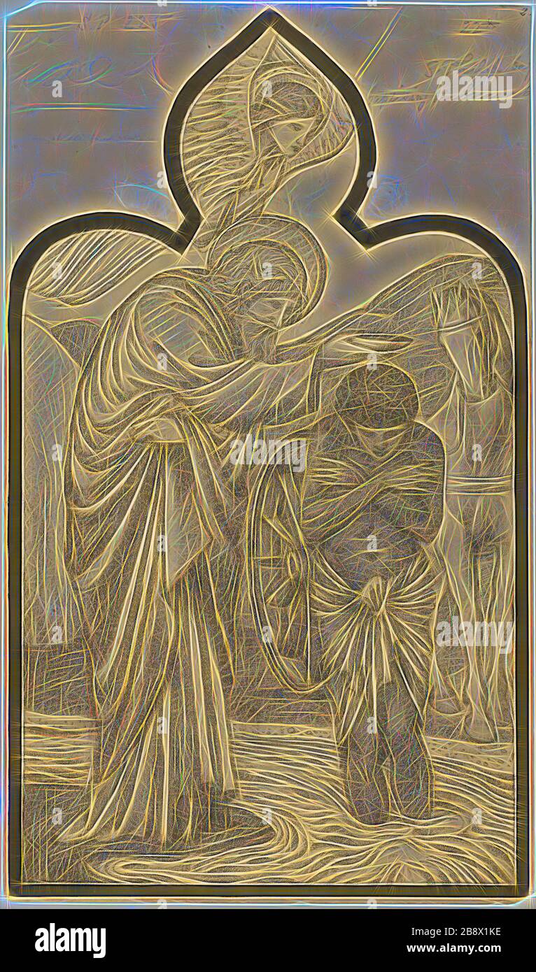 San Filippo battezzando l'eunuch, 1853/98, Sir Edward Burne-Jones, inglese, 1833-1898, Inghilterra, grafite e carbone, con pennello e inchiostro nero e tracce di pennello e gouache marrone su carta di vove crema, posato su tavola di crema, 813 × 478 mm, Reimagined by Gibon, design di calore allegro di luminosità e raggi di luce radianza. Arte classica reinventata con un tocco moderno. La fotografia ispirata al futurismo, che abbraccia l'energia dinamica della tecnologia moderna, del movimento, della velocità e rivoluziona la cultura. Foto Stock