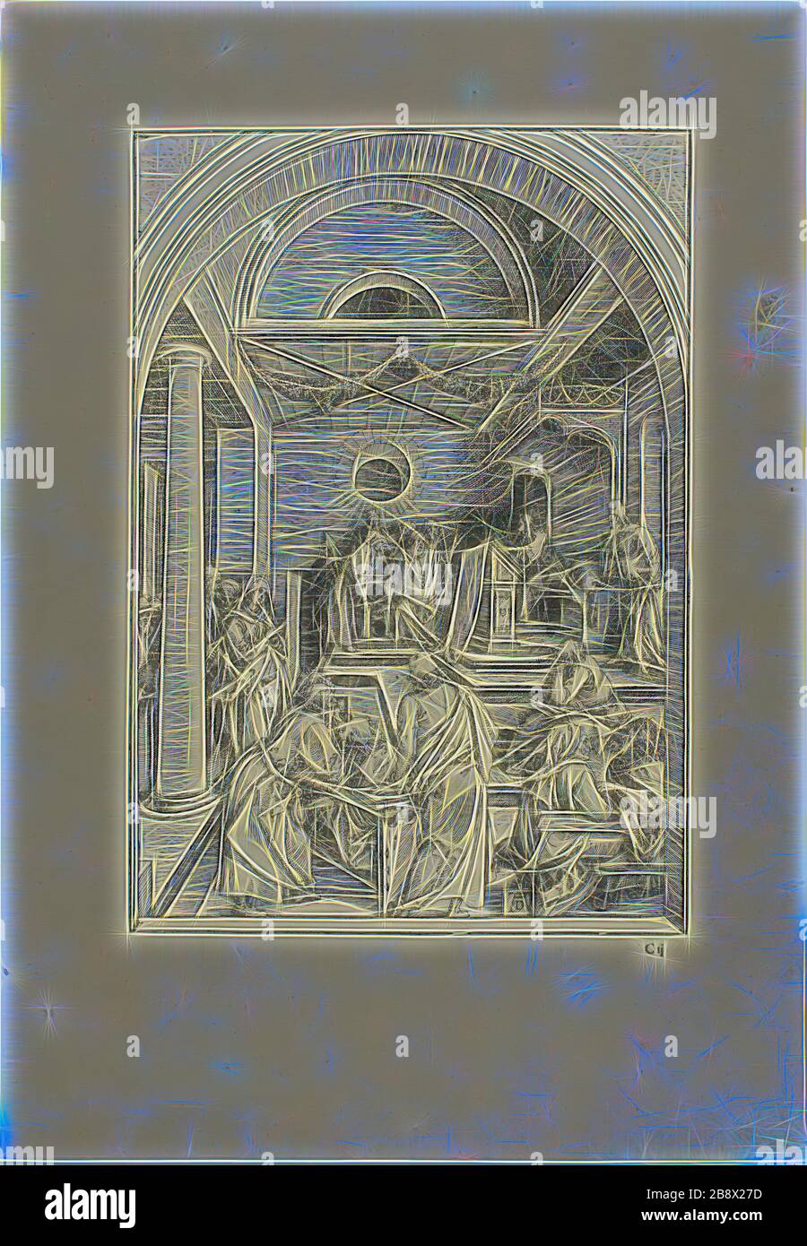 Cristo tra i Dottori, dalla vita della Vergine, c. 1503, pubblicato 1511, Albrecht Dürer, tedesco, 1471-1528, Germania, legno tagliato in nero su carta avorio posata, 299 x 208 mm (immagine), 433 x 300 mm (foglio), Reimagined da Gibon, disegno di calore allegro di luminosità e raggi di luce radianza. Arte classica reinventata con un tocco moderno. La fotografia ispirata al futurismo, che abbraccia l'energia dinamica della tecnologia moderna, del movimento, della velocità e rivoluziona la cultura. Foto Stock