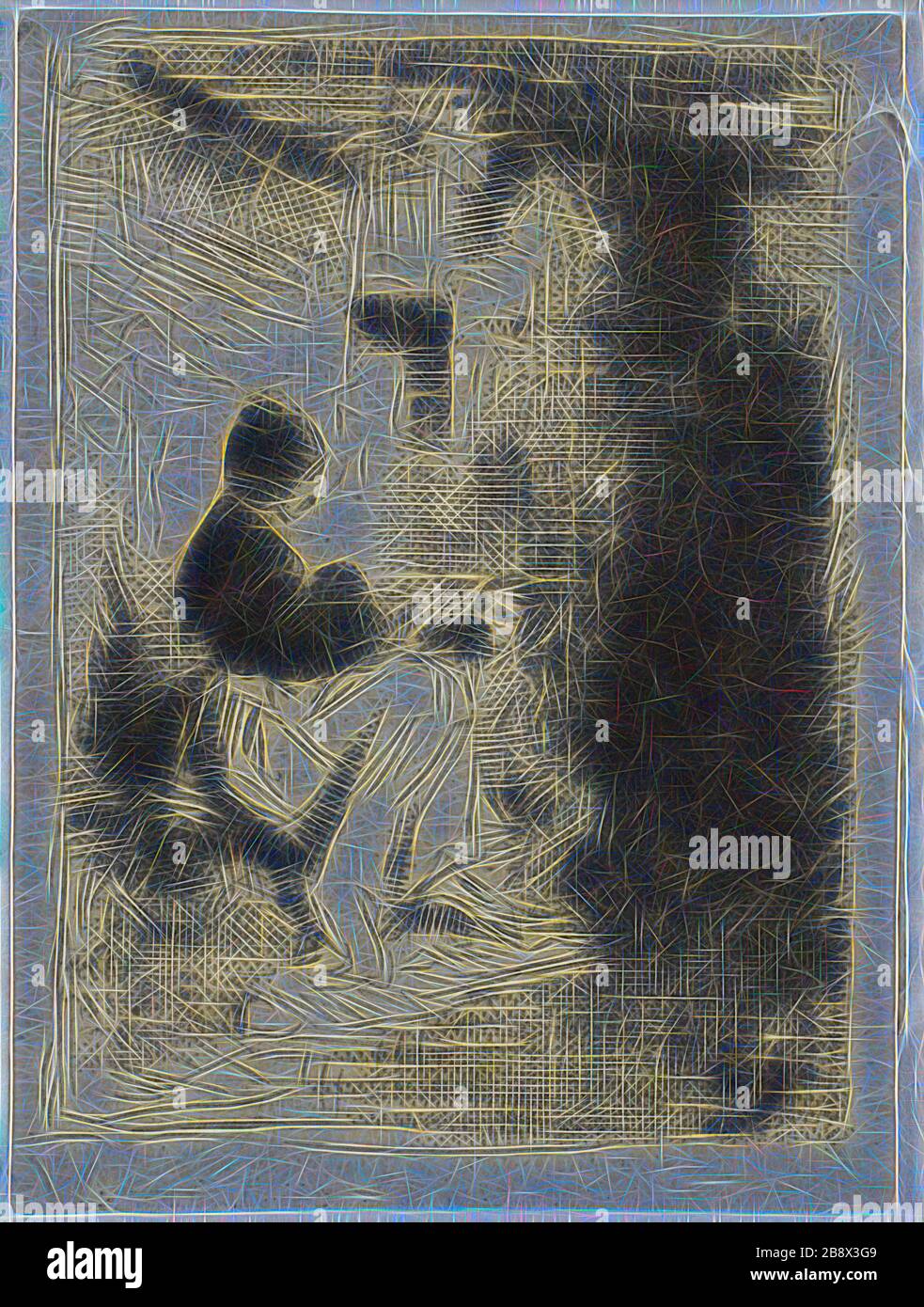 A Woman and Her Child, 1843, Charles Émile Jacque, francese, 1813-1894, Francia, DRYPOINT e roulette su carta crema posata, 51 × 38 mm, Reimagined by Gibon, design di calore allegro di luminosità e raggi di luce radianza. Arte classica reinventata con un tocco moderno. La fotografia ispirata al futurismo, che abbraccia l'energia dinamica della tecnologia moderna, del movimento, della velocità e rivoluziona la cultura. Foto Stock