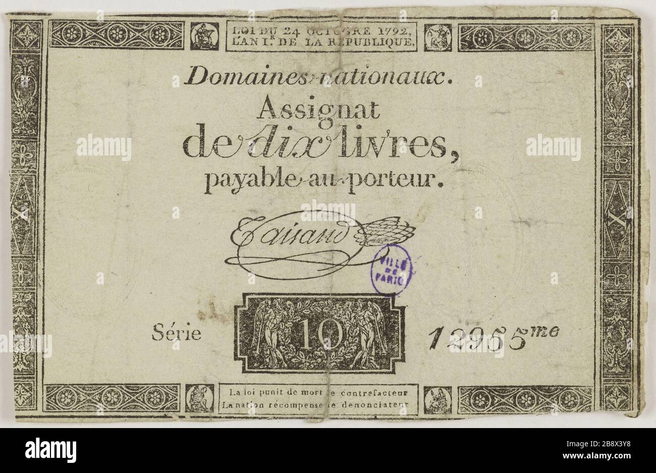 Assignat 10 libbre, serie 12955me, 24 ottobre 1792 (titolo fittizio). Nicolas-Marie Gatteaux (1751-1832) et Taisaud, signataire. Assignat de 10 livres, série 12955me, 24 ottobre 1792. Typographie, encré. Parigi, musée Carnavalet. Foto Stock