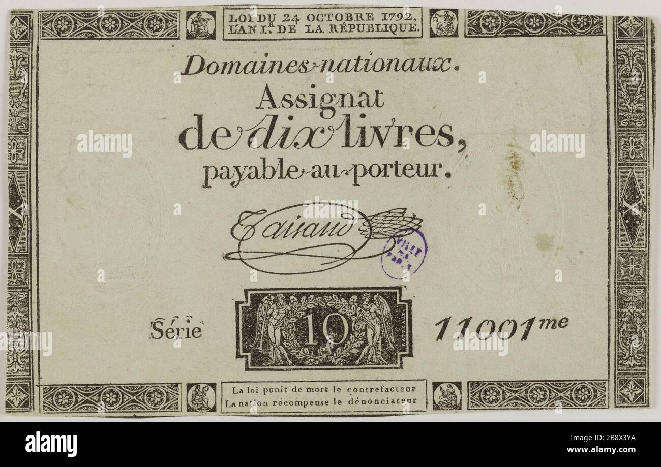 Assignat 10 libbre, serie 11001me, 24 ottobre 1792 (titolo fittizio). Nicolas-Marie Gatteaux (1751-1832) et Taisaud, signataire. Assignat de 10 livres, série 11001me, 24 ottobre 1792. Typographie, encré. Parigi, musée Carnavalet. Foto Stock