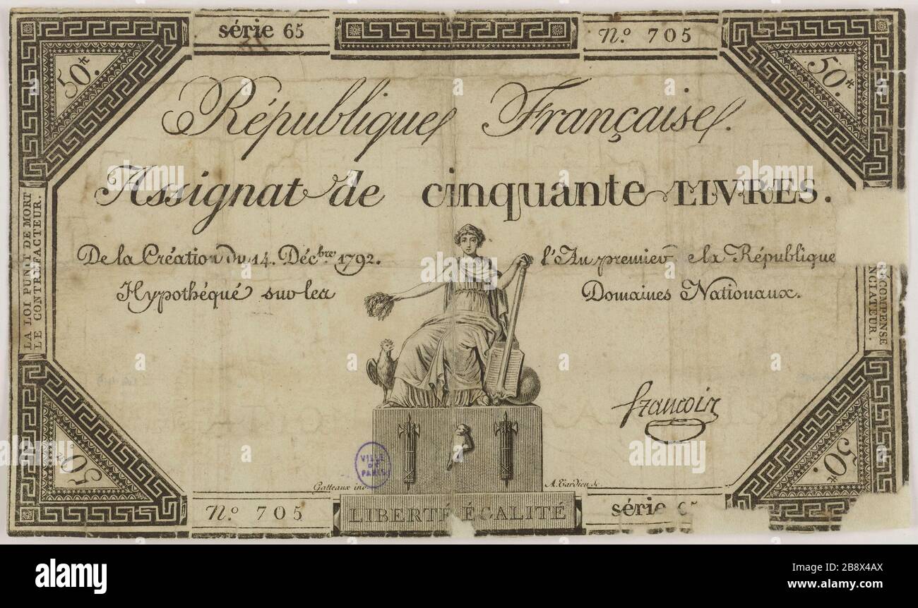 Assignat 50 libbre, Serie 65 - N. 705, 14 dicembre 1792 (titolo fittizio). Nicolas-Marie Gatteaux (1751-1832), Pierre Alexandre Tardieu (1756-1844) et François, signataire. Assignat de 50 livres, série 65 - n° 705, 14 décembre 1792. Typographie, burin, eau-forte, encré. Parigi, musée Carnavalet. Foto Stock