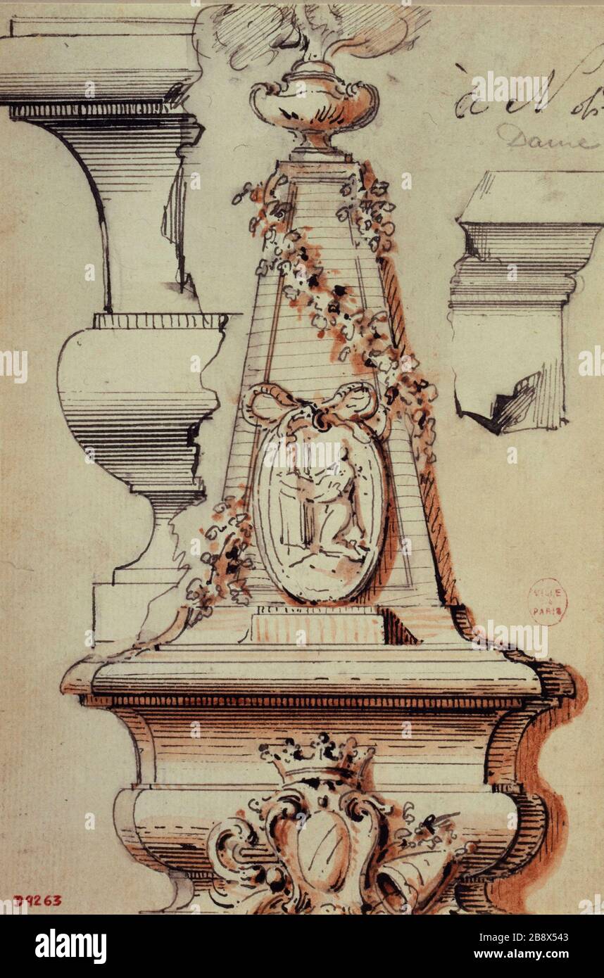 MONUMENTO FUNEBRE GRANGE TRIANON UNA CAPPELLA DI SANTA CATERINA DI NOSTRA SIGNORA DI PARIGI ANONYME. 'Monument funéraire de la Grange Trianon à la chapelle Sainte-Catherine de Notre-Dame de Paris'. Dessin, Parigi, musée Carnavalet. Foto Stock