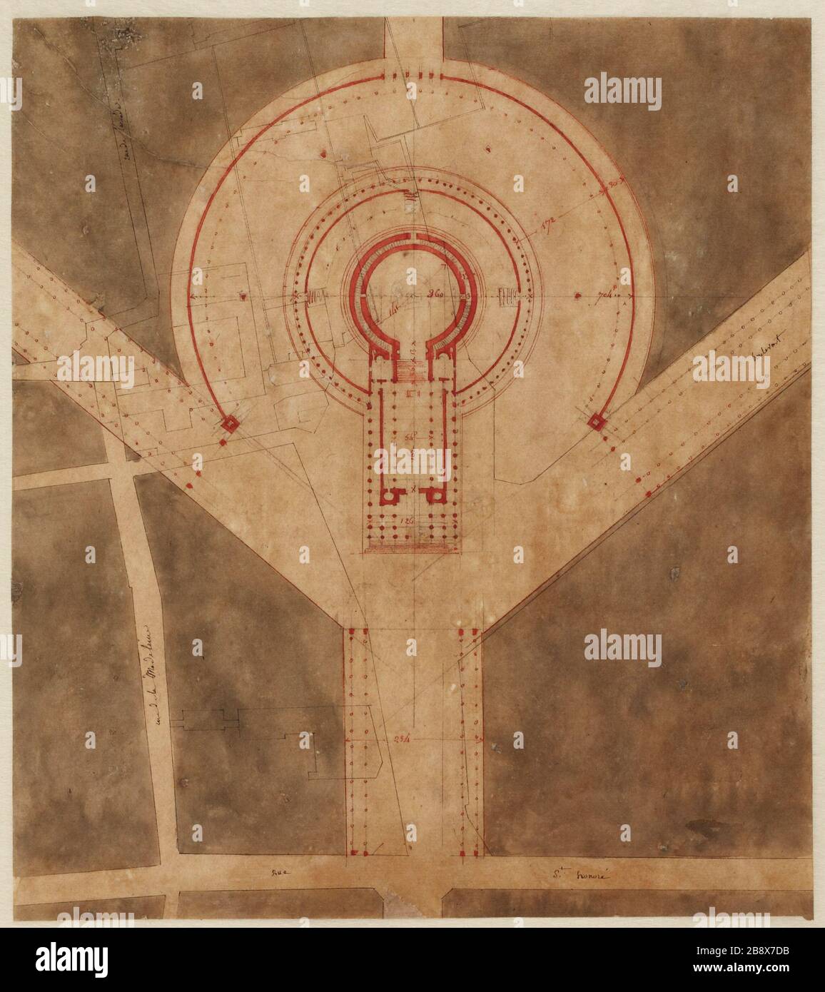 Progetto per la chiesa della Madeleine: mappa della piazza e la chiesa. Foto Stock