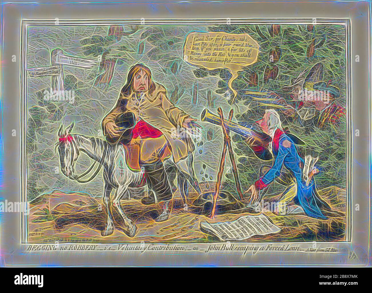 Implorando nessuna rapina, cioè il contributo volontario, o John Bull che fugge da un prestito forzato, pubblicato il 10 dicembre 1796, James Gillana ray (inglese, 1756-1815), pubblicato da Hannah Humphrey (inglese, c. 1745-1818), Inghilterra, incisione in marrone scuro, con colorazione a mano, su carta color crema, 240 × 356 mm (immagine), 254 × 357 mm (piastra), 284 × 396 mm (foglio), Reimagined by Gibon, disegno di calda luce allegra di luminosità e di radianza di raggi luminosi. Arte classica reinventata con un tocco moderno. La fotografia ispirata al futurismo, che abbraccia l'energia dinamica della tecnologia moderna, del movimento, della velocità e rivoluziona la cultura Foto Stock