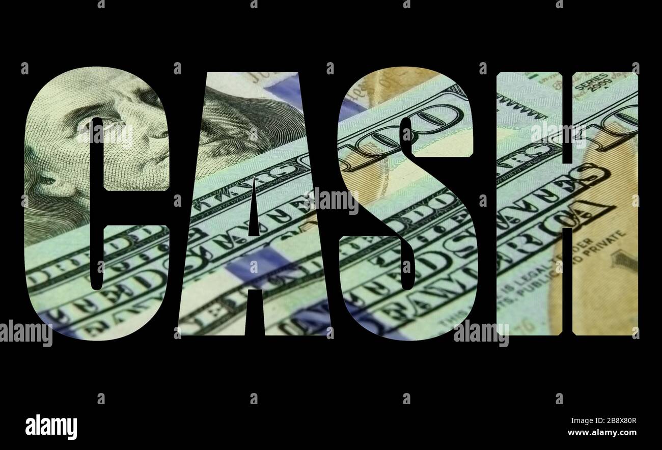 L'iscrizione 'Cash' sotto forma di stencil sullo sfondo di 100 dollari bollette Foto Stock