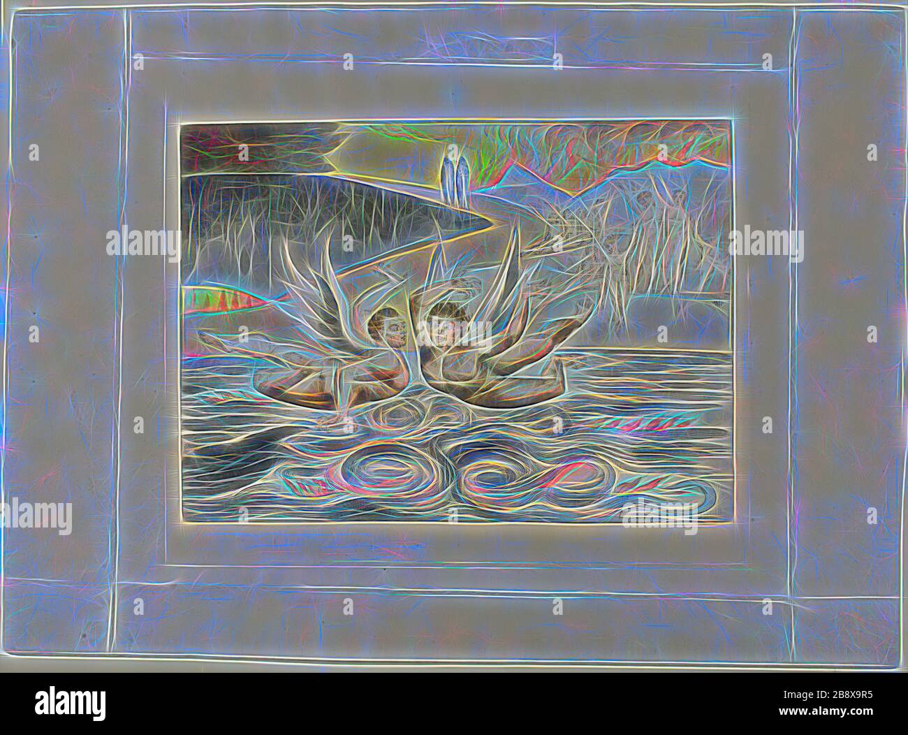 Il Circolo dei funzionari corrotti, i Devils Mauling reciproco. Inferno, canto XXII., 1827, stampato c. 1892, William Blake, inglese, 1757-1827, Inghilterra, incisione a mano su carta indiana, posata su carta wove (chine collé), 240 × 330 mm (immagine), 78 × 354 mm (piastra), 392 × 537 mm (foglio), Reimagined by Gibon, disegno di calore allegro di raggi di luminosità e luce radianza. Arte classica reinventata con un tocco moderno. La fotografia ispirata al futurismo, che abbraccia l'energia dinamica della tecnologia moderna, del movimento, della velocità e rivoluziona la cultura. Foto Stock