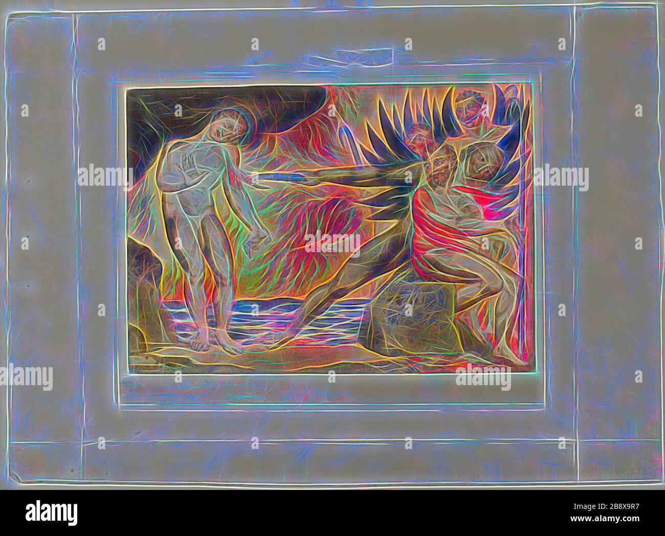 Il Circolo dei funzionari corrotti, i Diavoli che tormentano Ciampolo. Inferno, canto XXII, 1827, stampato c. 1892, William Blake, inglese, 1757-1827, Inghilterra, incisione a mano su carta indiana, posata su carta wove (chine collé), 237 × 335 mm (immagine), 276 × 356 mm (piastra), 392 × 539 mm (foglio), Reimagined by Gibon, disegno di calore allegro di raggi di luminosità e luce radianza. Arte classica reinventata con un tocco moderno. La fotografia ispirata al futurismo, che abbraccia l'energia dinamica della tecnologia moderna, del movimento, della velocità e rivoluziona la cultura. Foto Stock