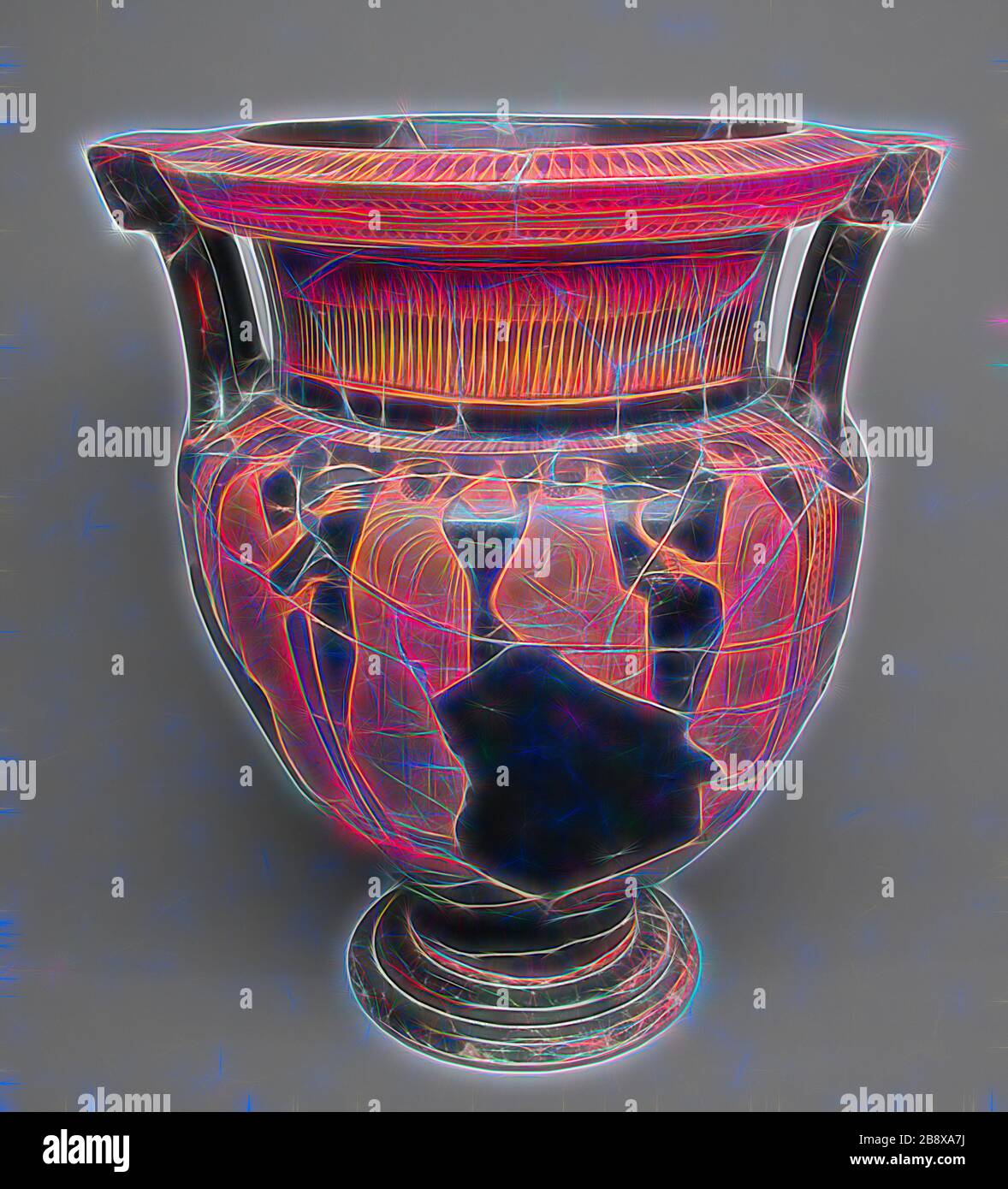Colonna Krater (Mixing Bowl), 460/450 a.C., greca, Atene, attribuita al pittore di Firenze, Grecia, terracotta, decorata con la tecnica della figura rossa, 41,3 × 34,9 × 28,6 cm (16 1/4 × 13 3/4 × 11 1/4 in.), Reimagined by Gibon, disegno di calda luce luminosa e luminosa. Arte classica reinventata con un tocco moderno. La fotografia ispirata al futurismo, che abbraccia l'energia dinamica della tecnologia moderna, del movimento, della velocità e rivoluziona la cultura. Foto Stock